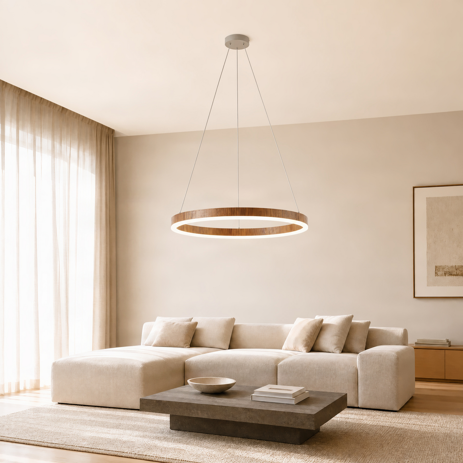 Suspension LED Thelma, noyer/gris, Ø 70 cm - Lucande Suspension LED Thelma, noyer/gris, Ø 70 cm - Lucande