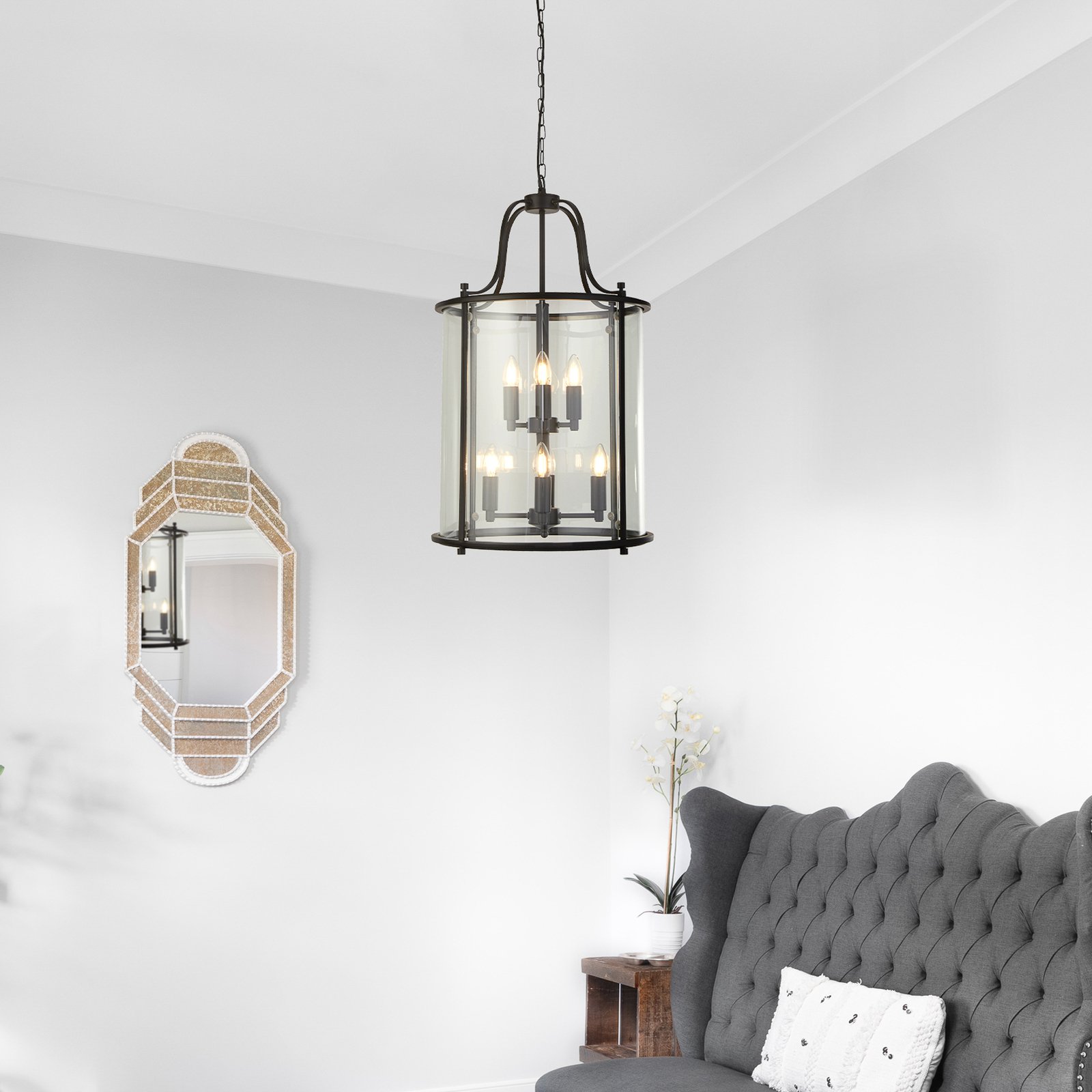 Lantern Grande pendant light, black/clear, glass, E14