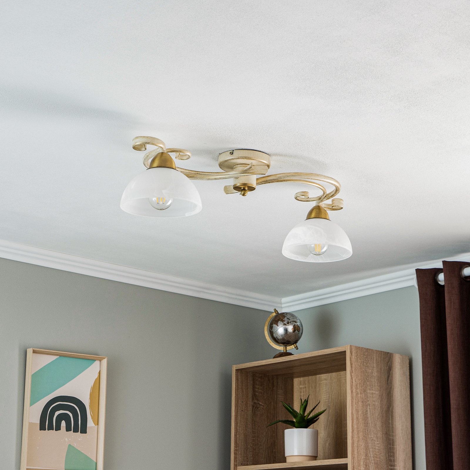 Flora ceiling lamp 2 glass lampshades, white/brass