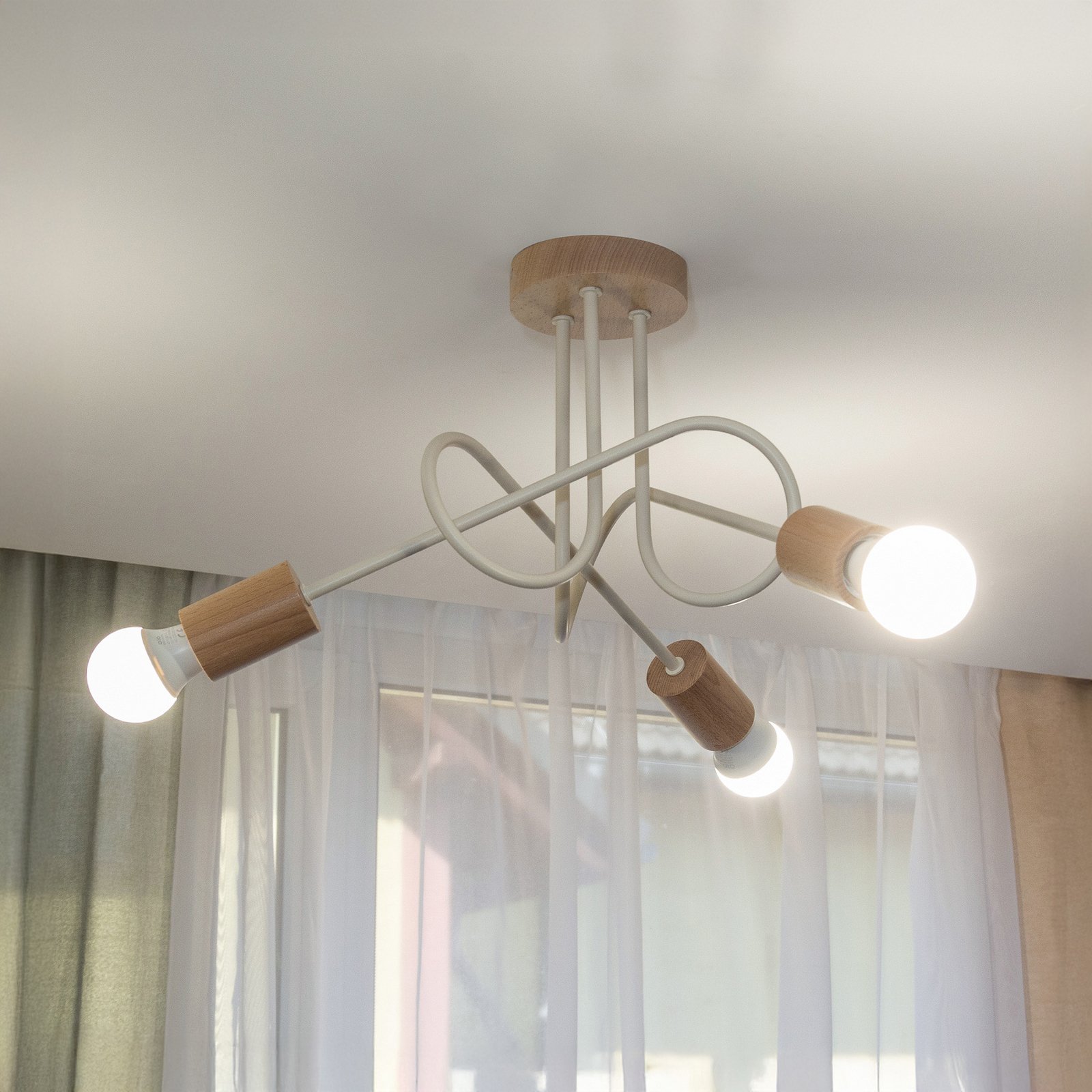 Plafonnier Oxford, beige sable, bois, métal, à 3 lampes, Ø 44 cm