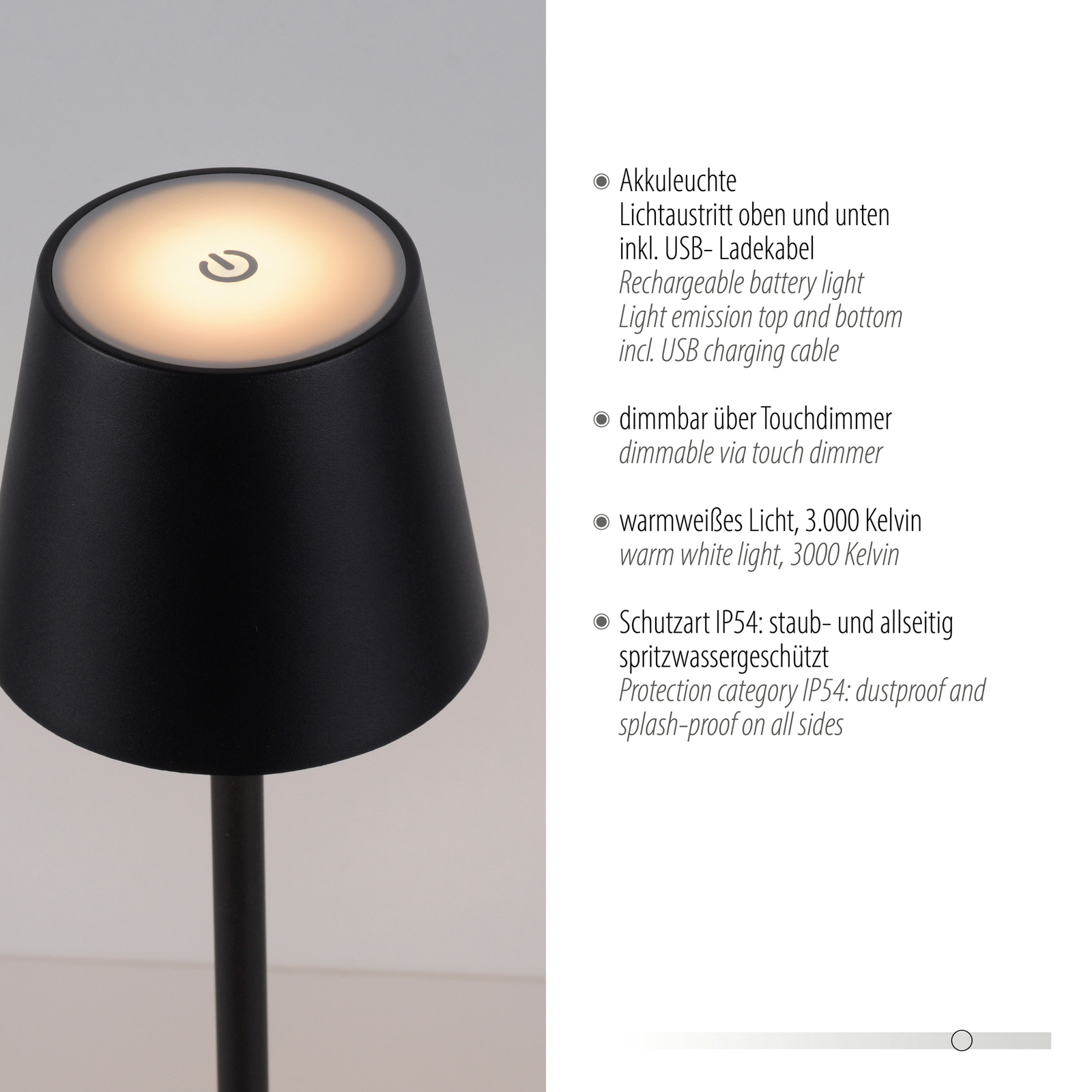 JUST LIGHT. Euria lámpara de mesa LED recargable, negro, hierro IP54