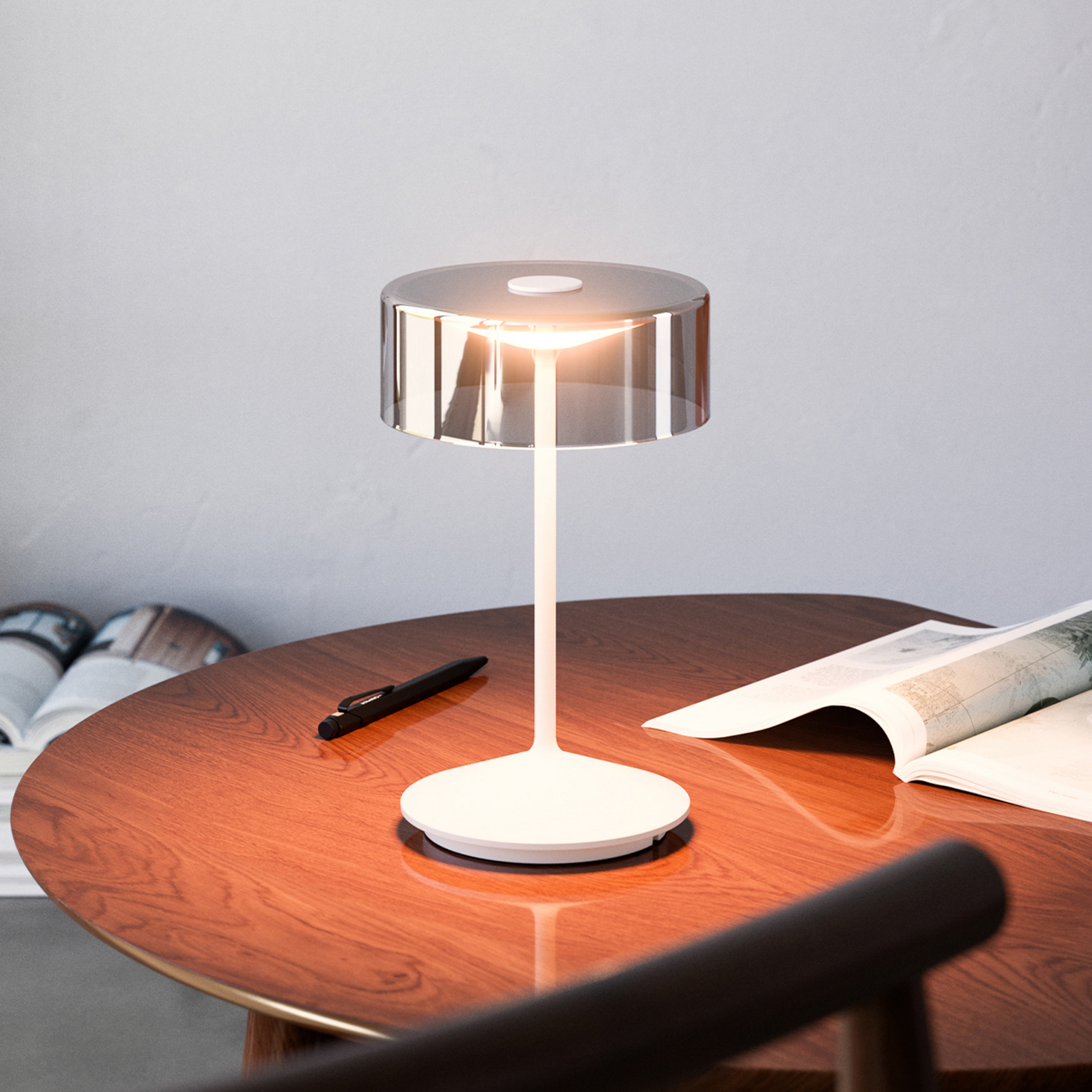 Numotion Lampada da tavolo ricaricabile a LED, bianca, vetro, IP54, dimmerabile