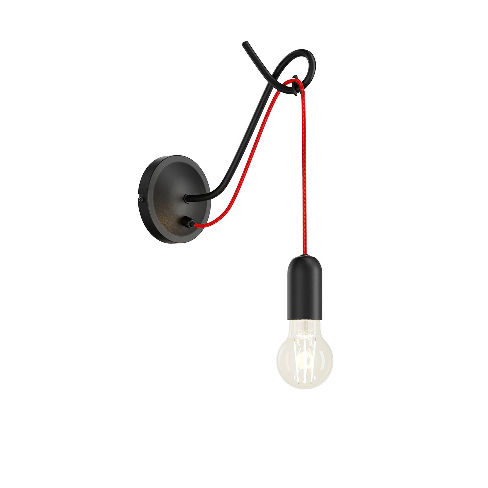 Lucande Jorna wall lamp in black, red cable, for Living / Dining Room, iron, E27, 60 W, W: 12 cm, H: 25.2 cm