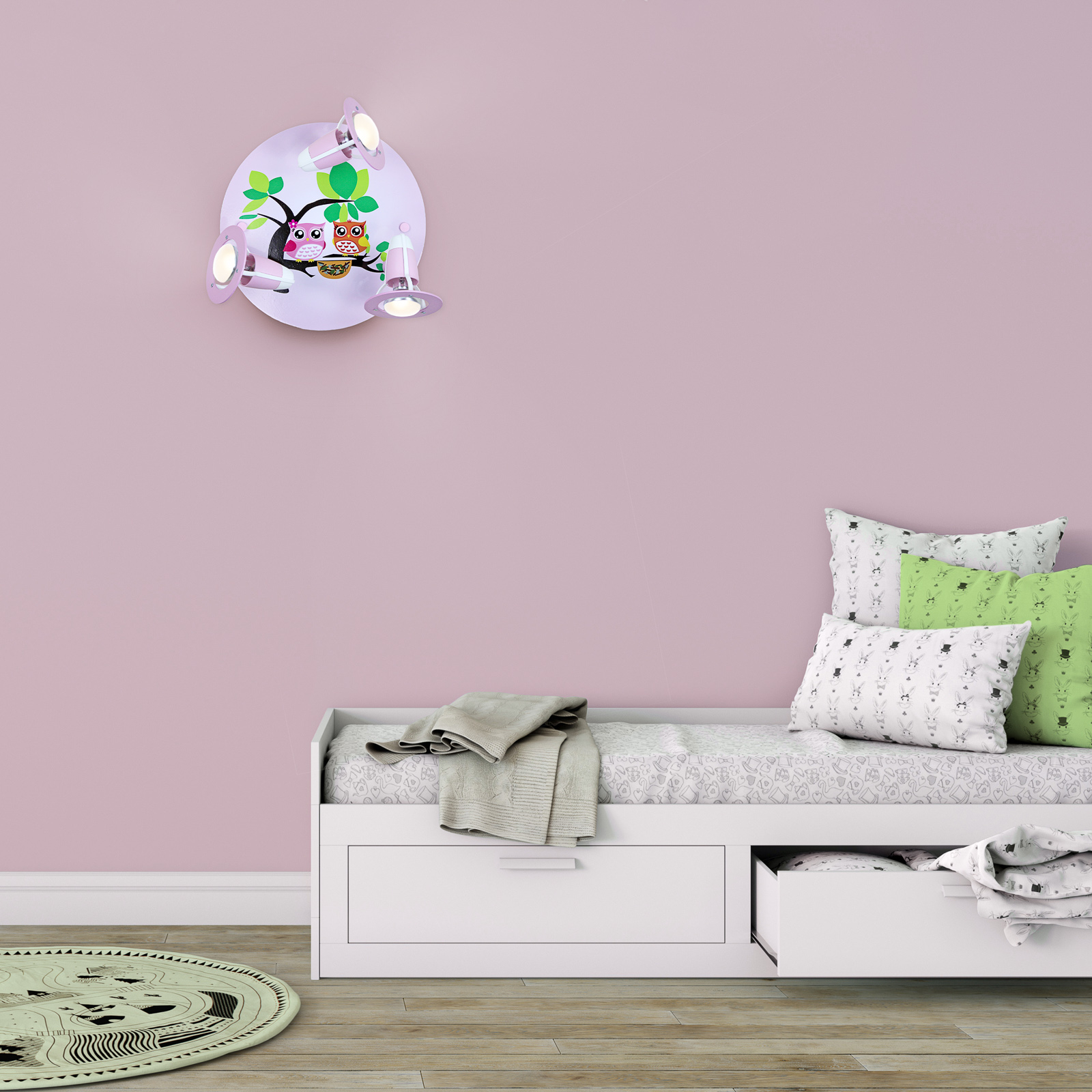 Stropné svietidlo Sova pre detskú izbu, ružové