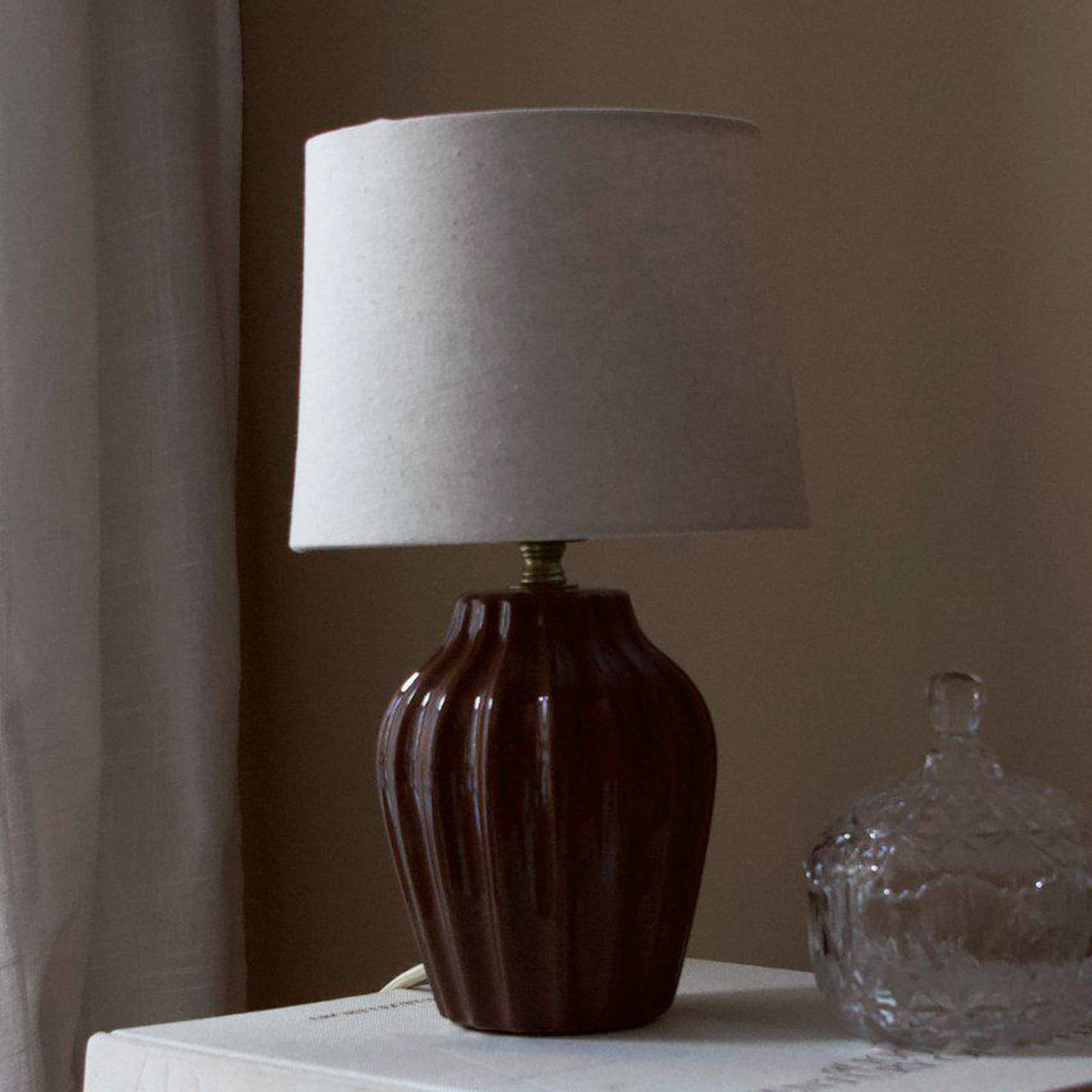 Lampa stołowa Lyon, brązowo-beżowa, wysokość 32 cm, ceramika/len