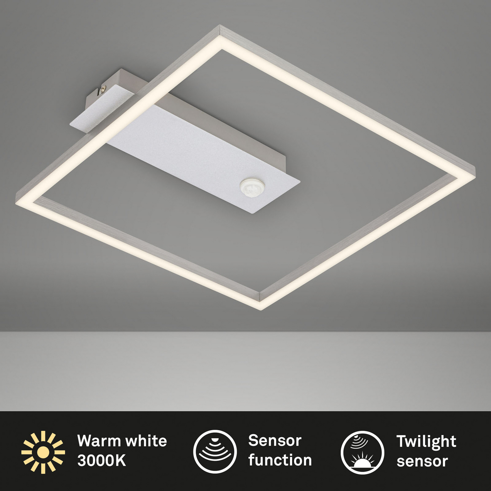 LED-Deckenleuchte Nici, alufarben, eckig, Bewegungsmelder