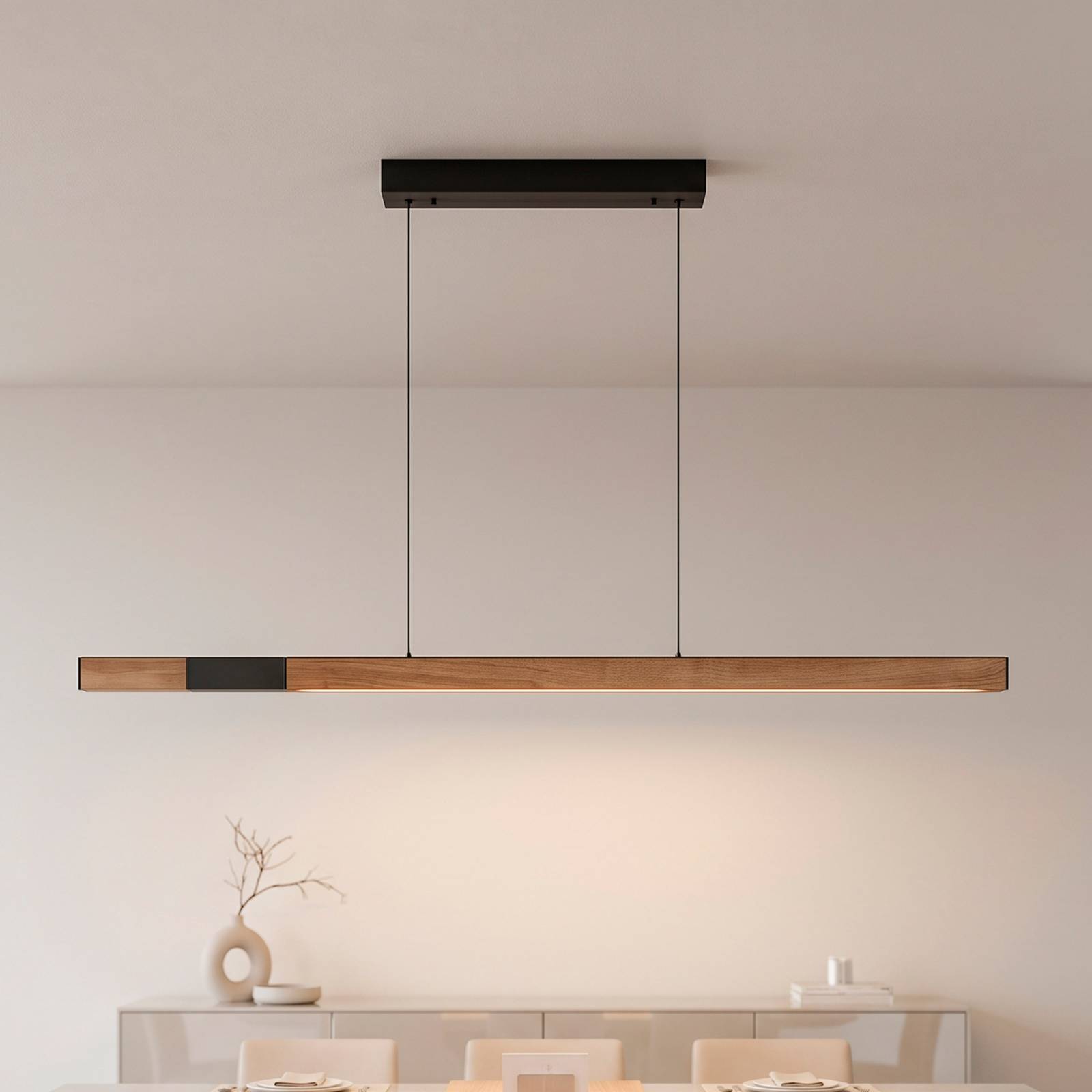 Paul Neuhaus LED hanglamp Adriana, zwart/eiken, lengte 179 cm, CCT