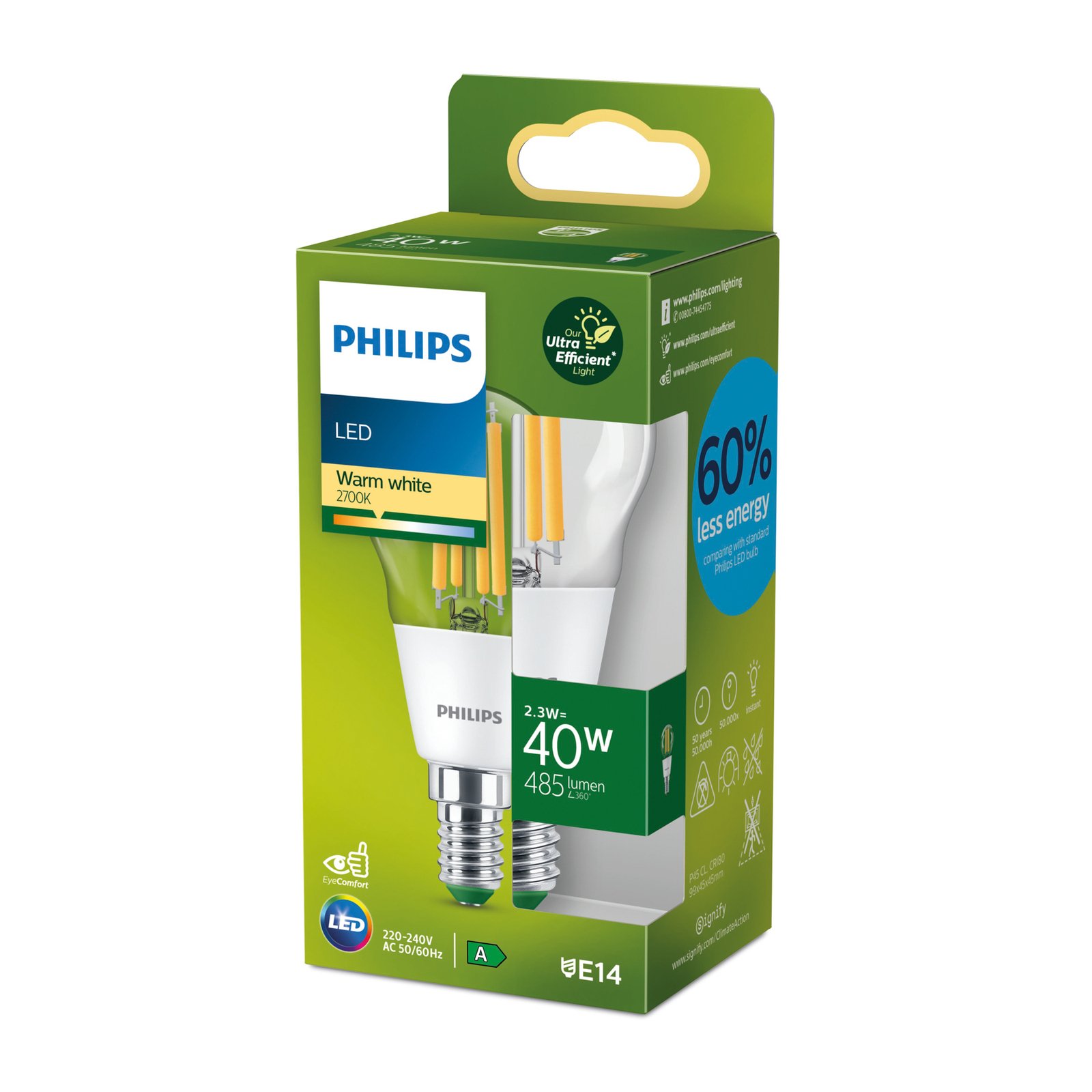 Philips E14 LED-lamp G45 2,3W 485lm 2700K läbipaistev