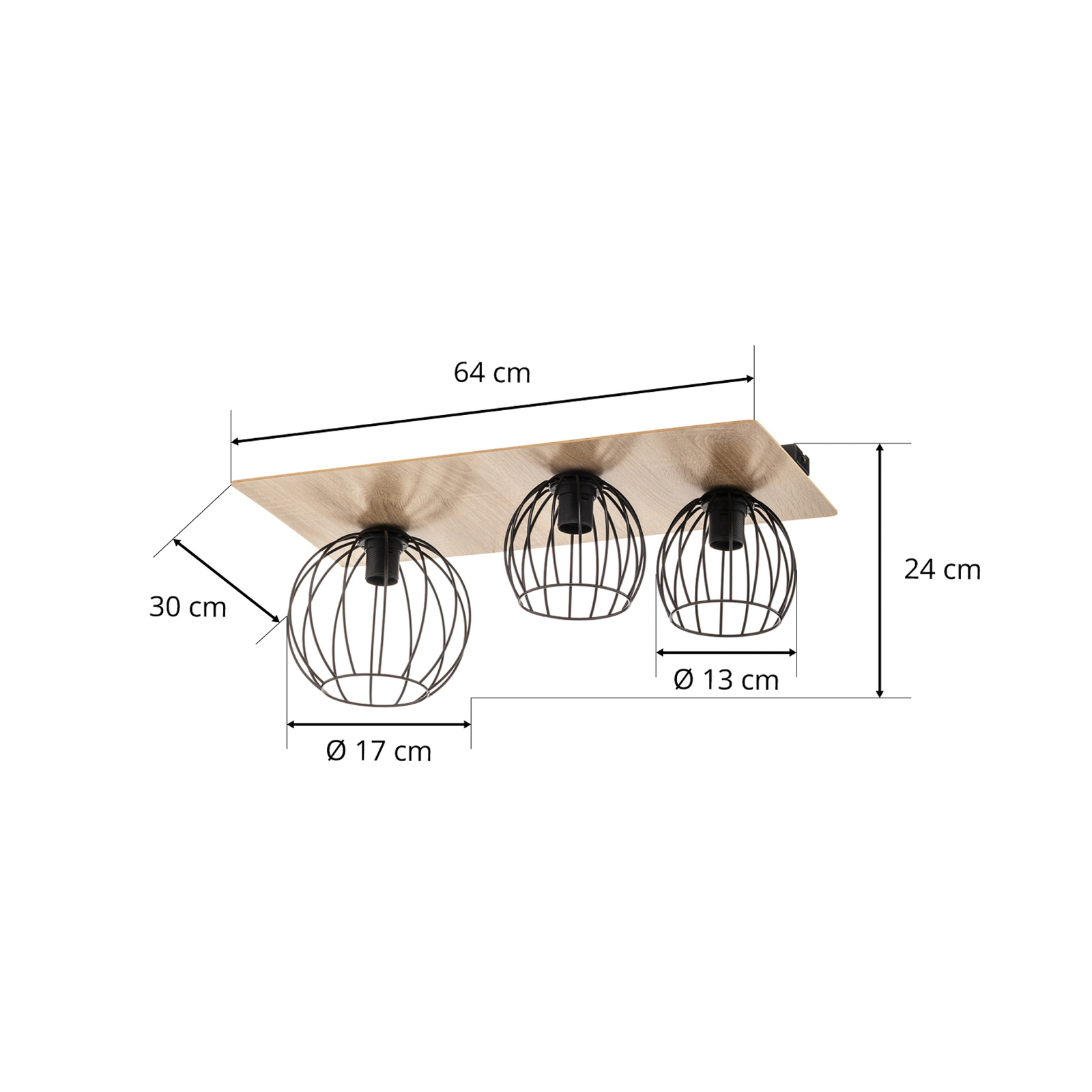 Plafoniera Malin, carter di legno angolare, 3 luci