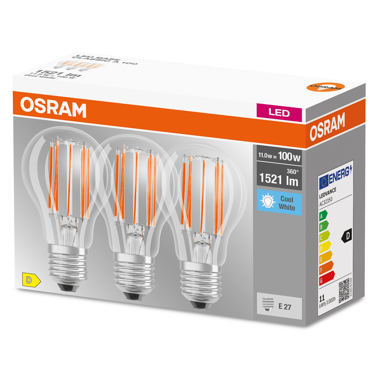 OSRAM LED-filamentpære E27 Base 11 W 4 000 K 3 stk
