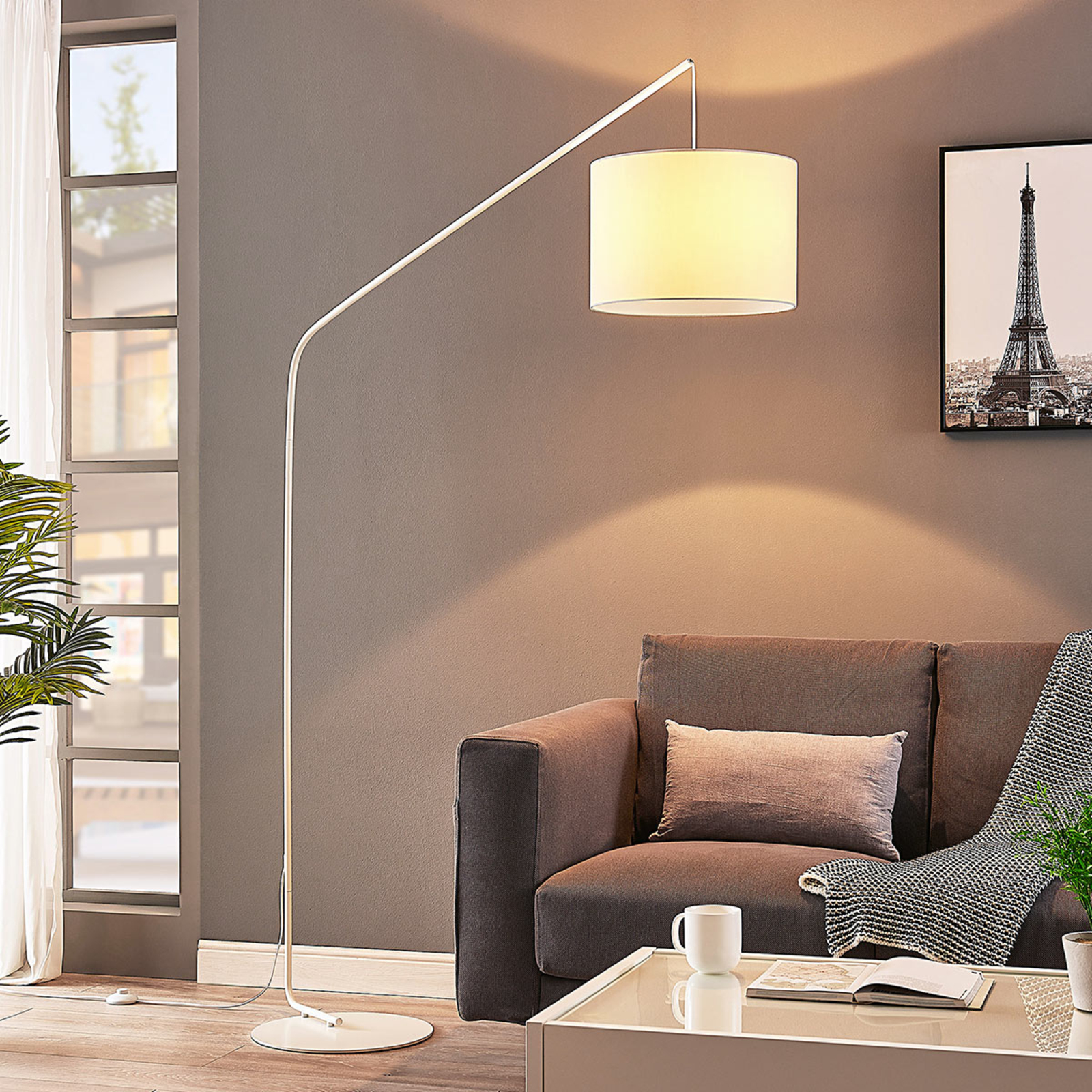 Lindby Viskan - floor arc lamp in white, for Living / Dining Room, fabric, metal, E27, 60 W, energy efficiency: A++, W: 38 cm, H: 180 cm