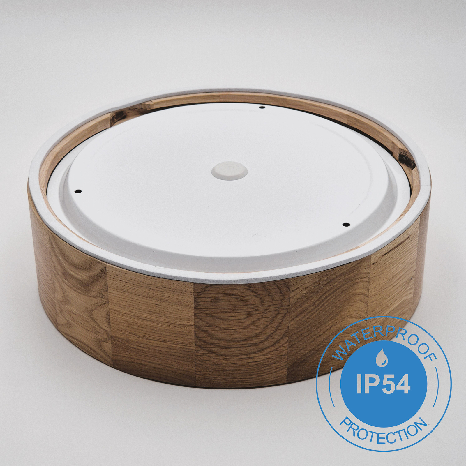 Envostar Caspian ceiling light, Ø 27 cm, IP54, oak