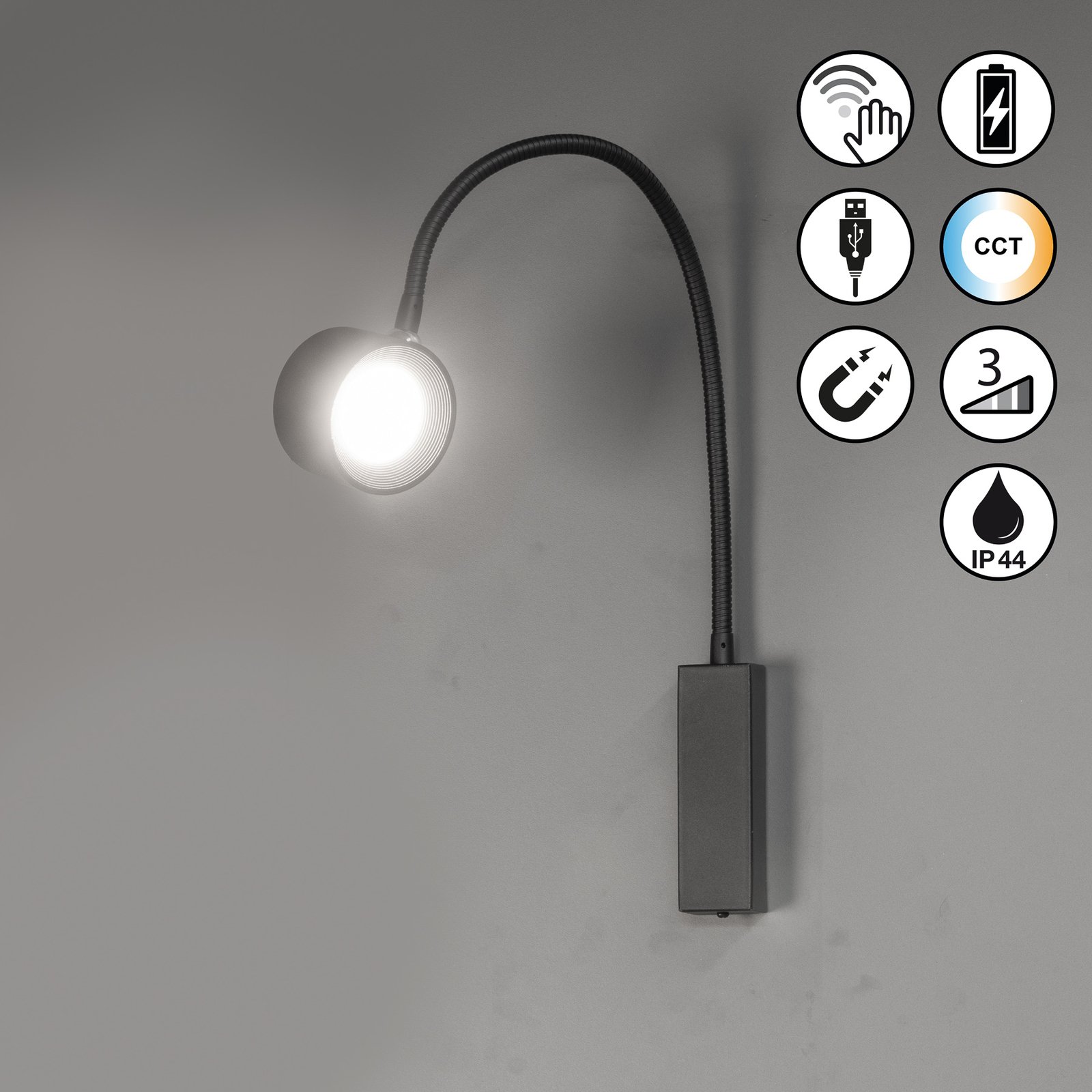 Επαναφορτιζόμενο επίτοιχο σποτ LED Magnetics flex, μαύρο, dimmable, CCT