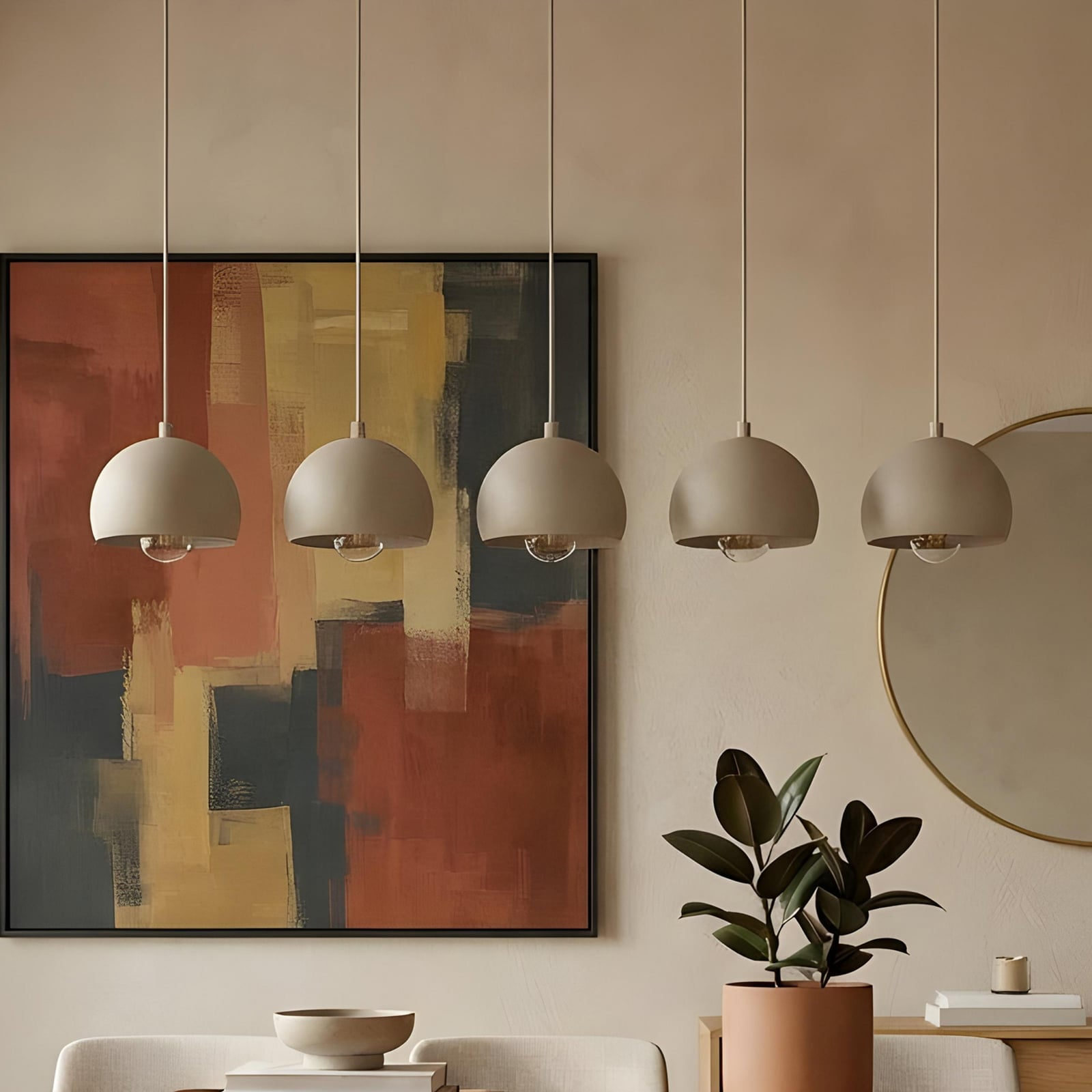 Sool hanging light, beige, length 95 cm, 5-bulb, metal, E27