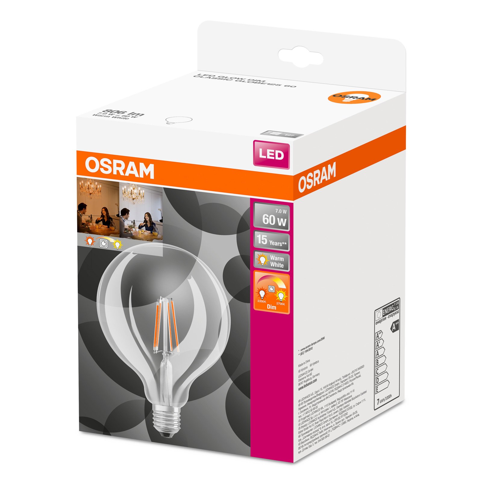 OSRAM LED žárovka globe E27 6,5W G125 827 Glow dim