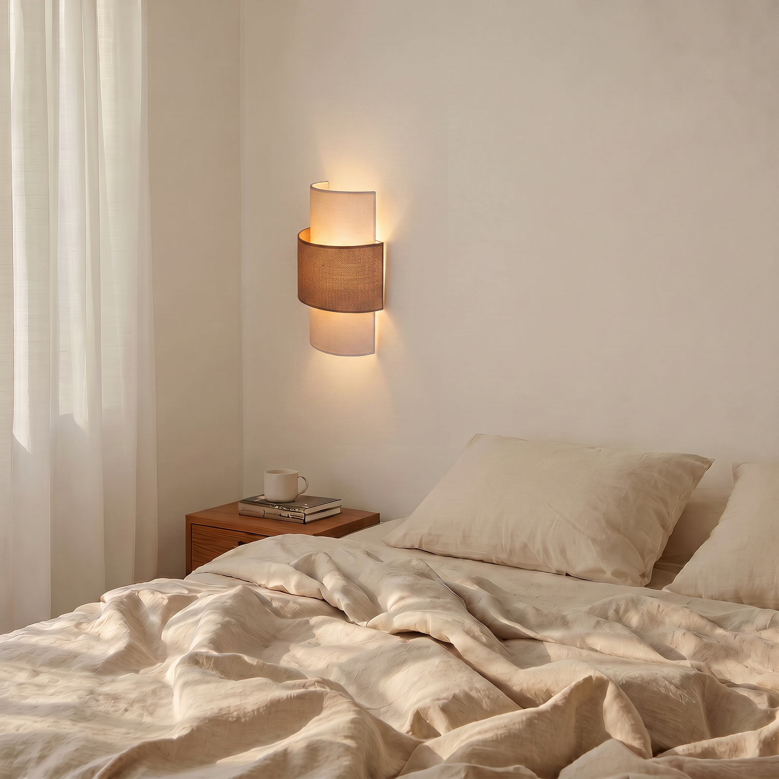 Aplique de pared Nature, color crema/yute, altura 41 cm, tejido, luz hacia Aplique de pared Nature, color crema/yute, altura 41 cm, tejido, luz hacia