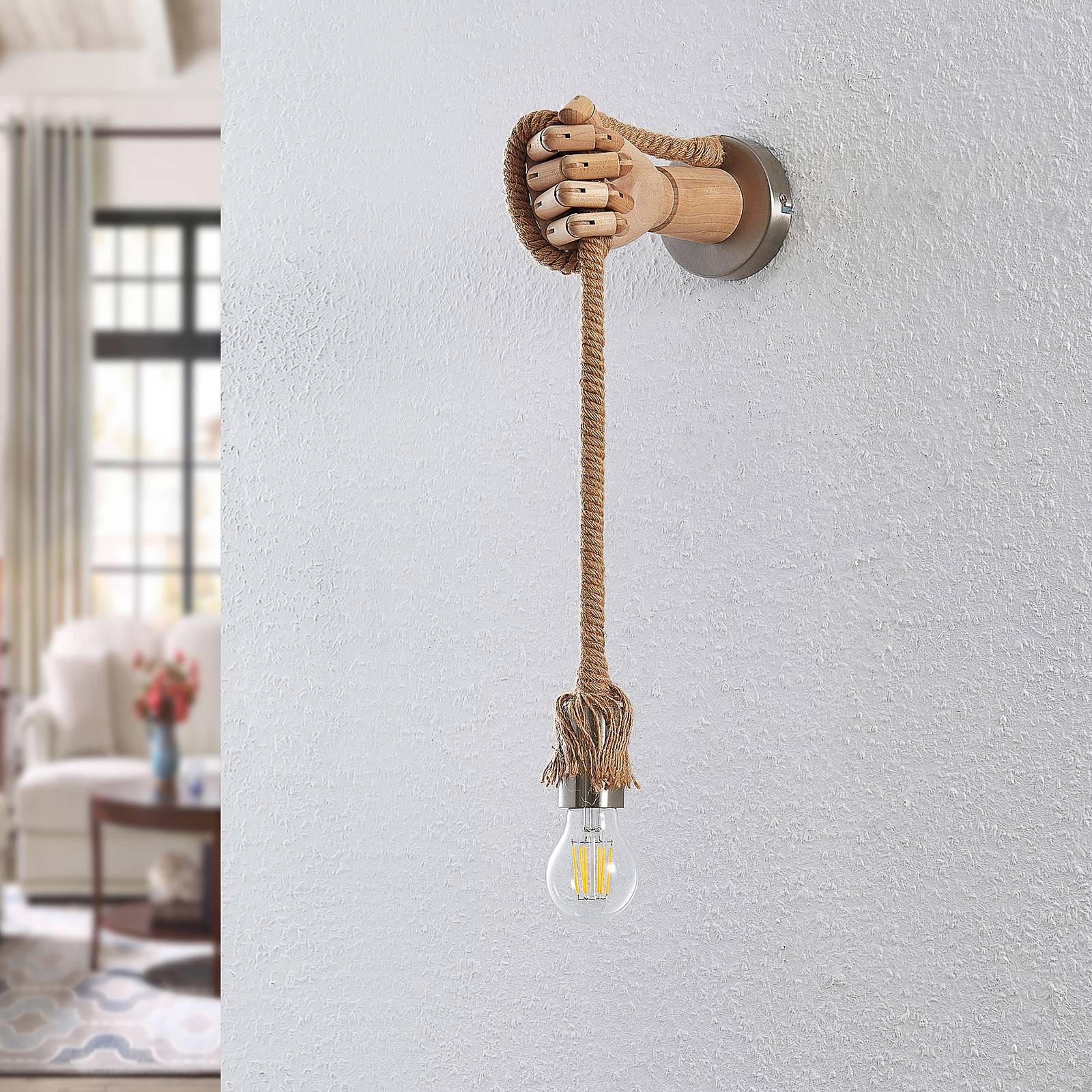 Lindby Elaria wall light with hemp rope and wood, for Living / Dining Room, wood, hemp rope, E27, 60 W, energy efficiency: A++, W: 10 cm