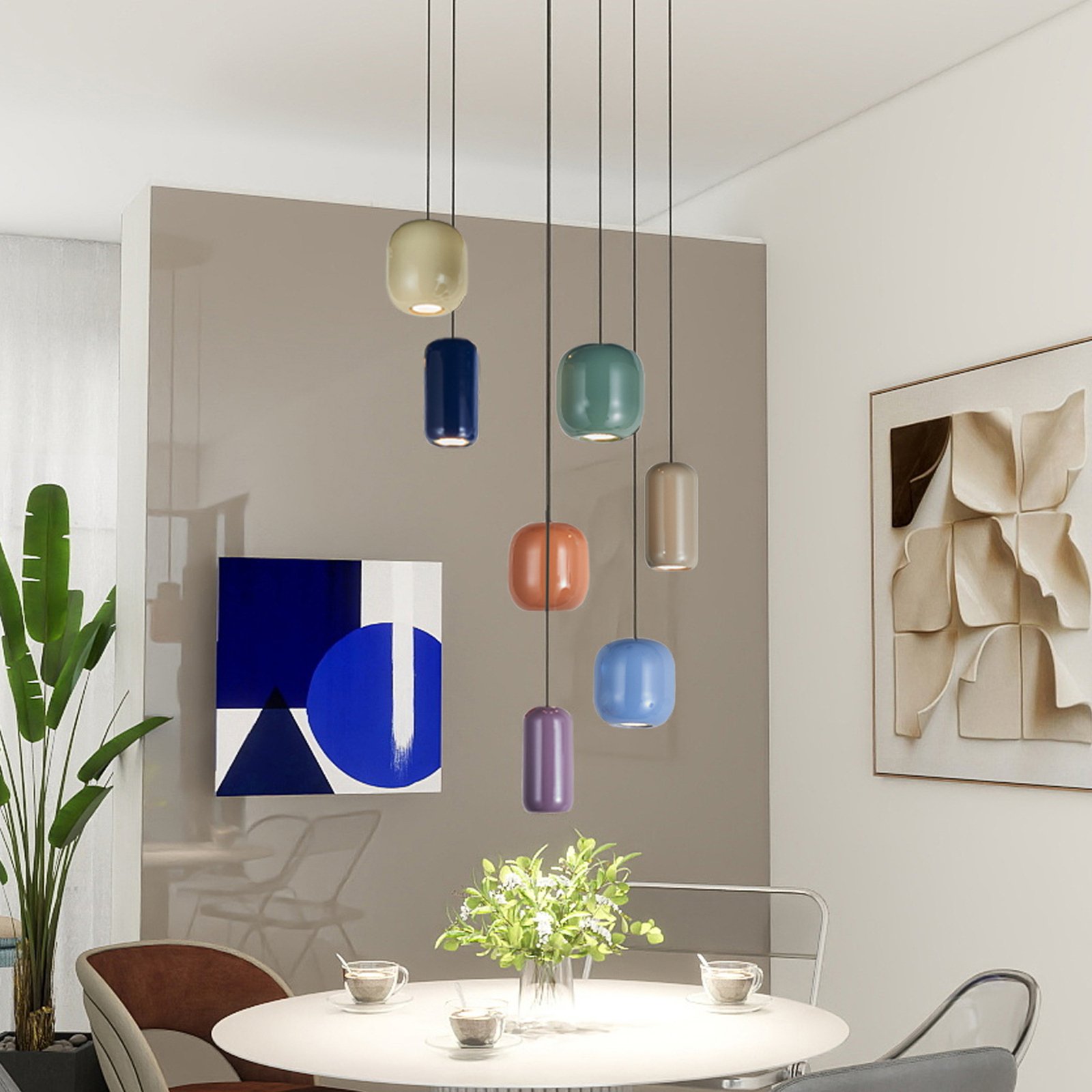 Lucande pendant light Narion, round, 7-bulb, colourful, metal