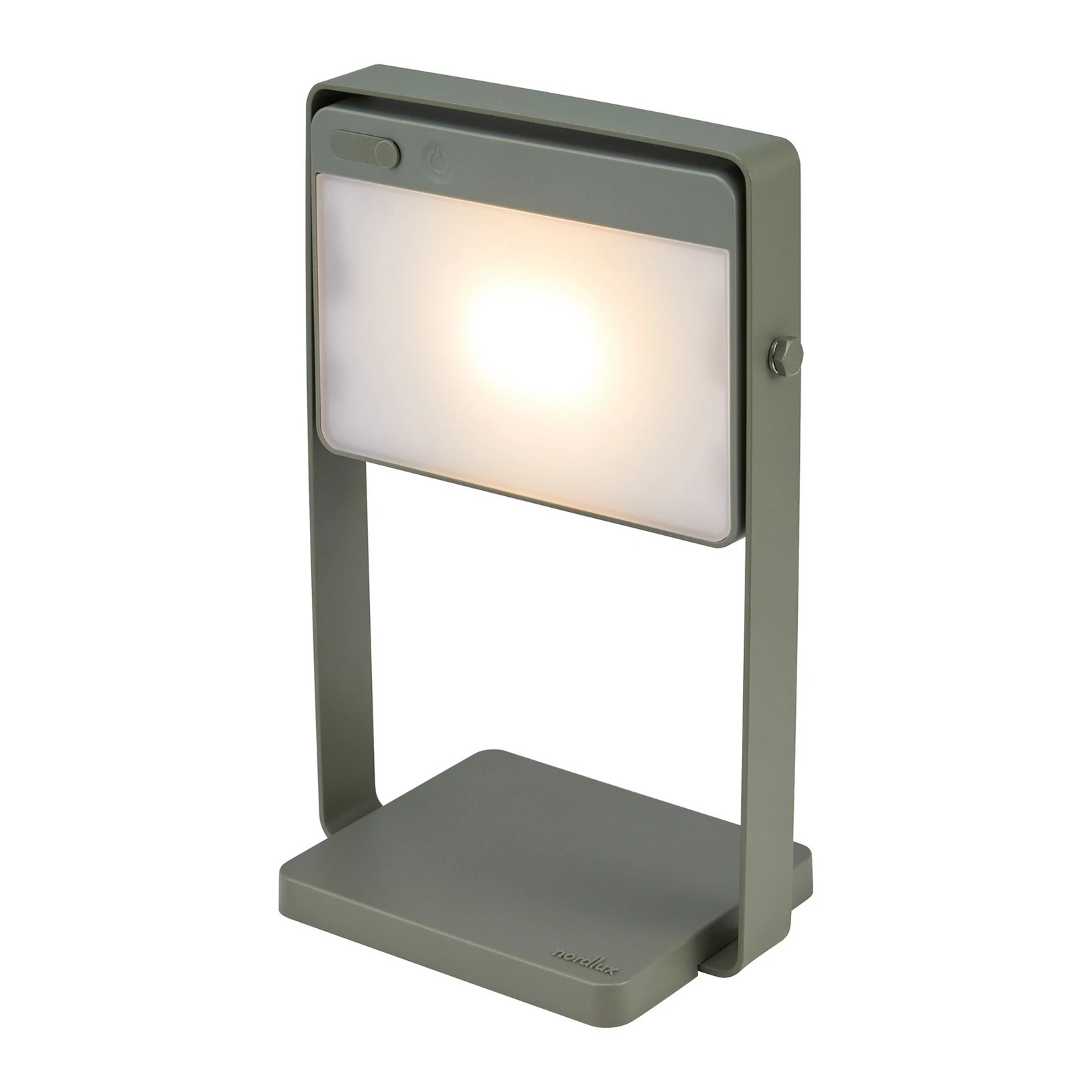 LED-solcelledrevet bordlampe Saulio, olivengrønn, IP44, aluminium, USB, batteri