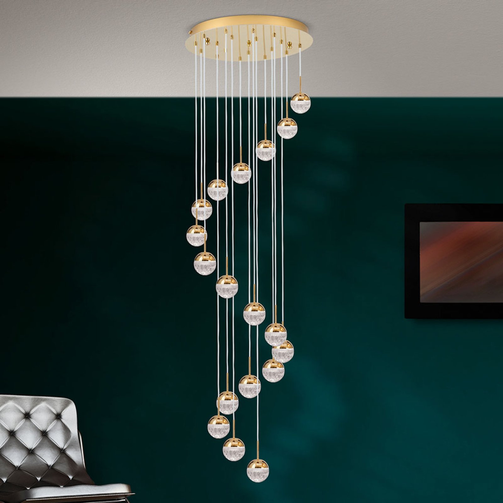 LED-hänglampa Ball 18 lampor, guld/creme