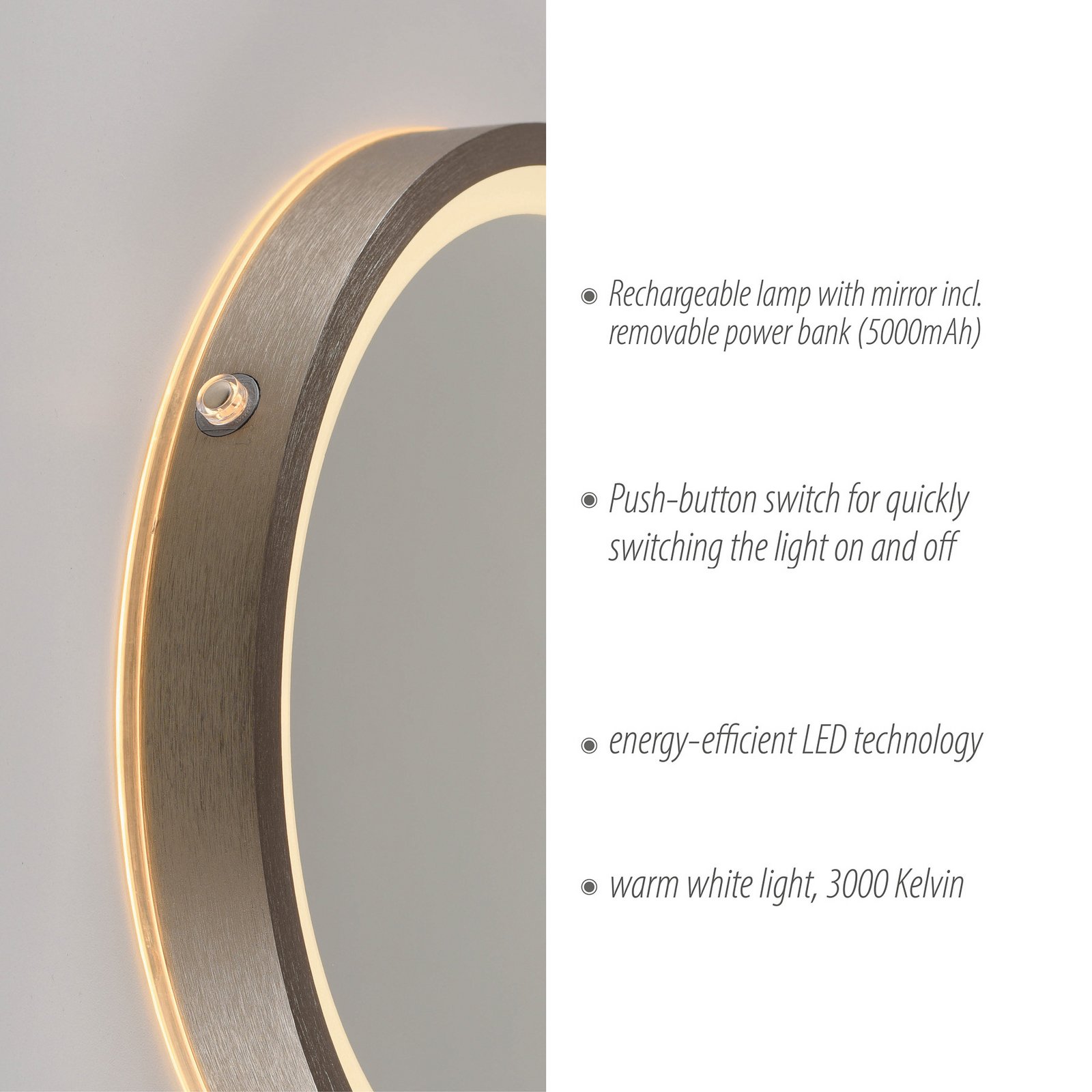 VIDRO LED wall mirror, bronze, Ø 26 cm, power bank, switch