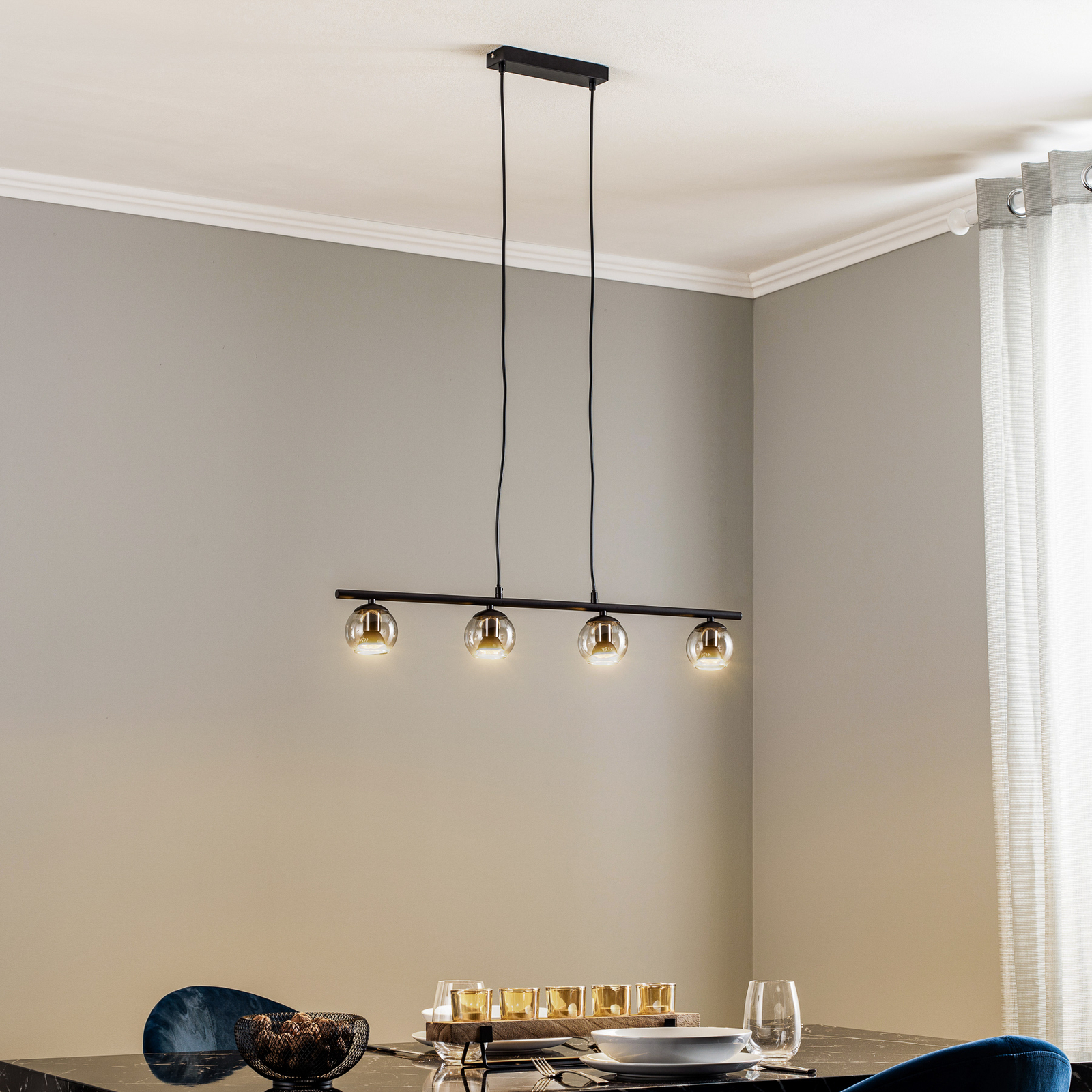 Lindby hanging light Samika, black, 4-bulb, glass, 80.4 cm