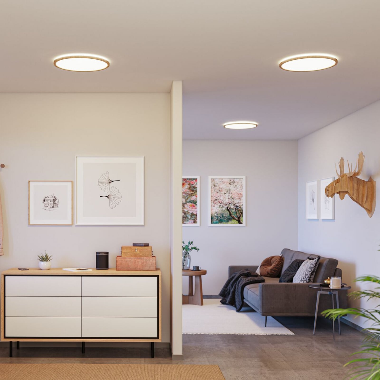 Panneau LED Atria Shine Ø 42 cm, finition bois, IP44, 4000 K, marche/arrêt,