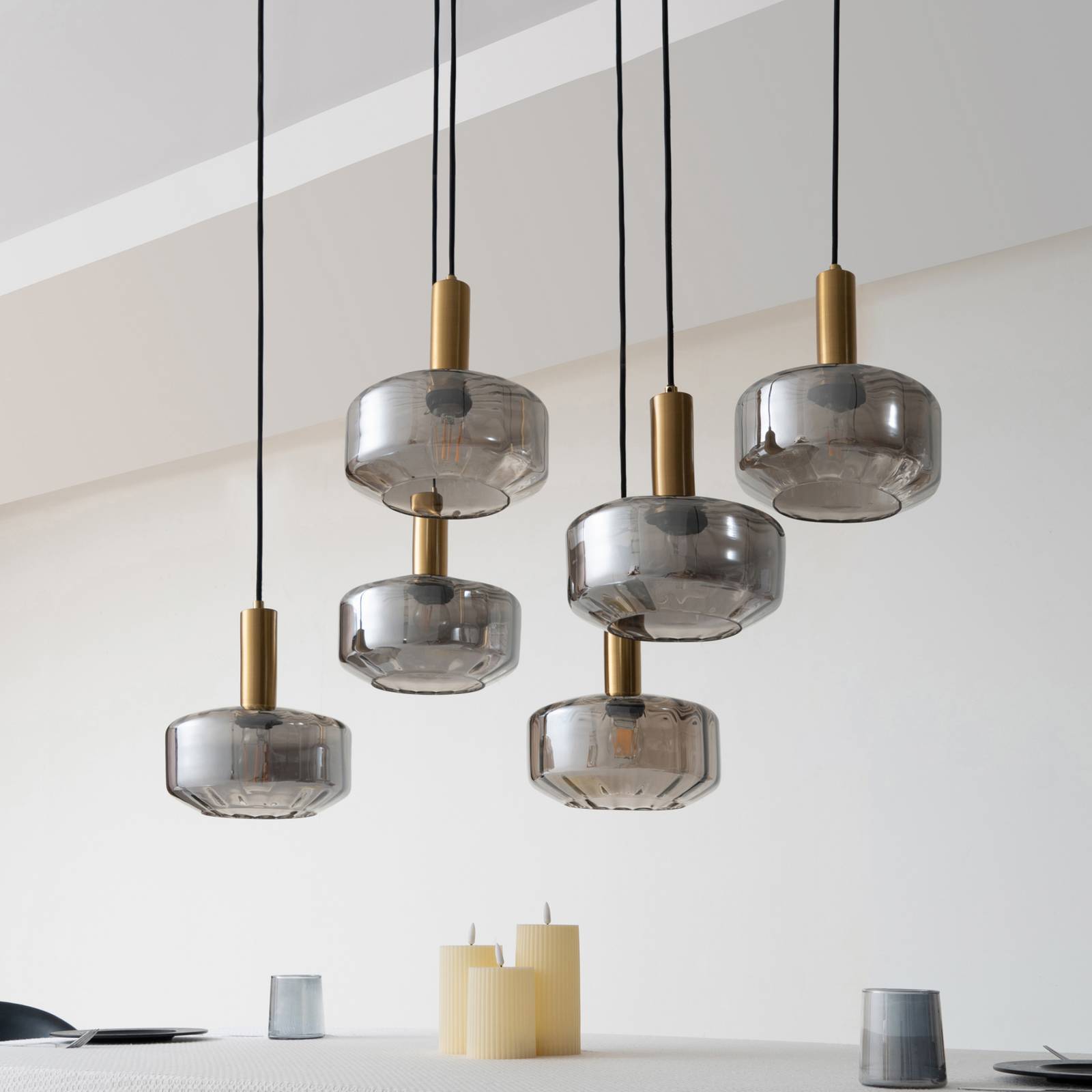 Lampa wisząca Lindby Hildur, 6-punktowa, dymny szary, szkło