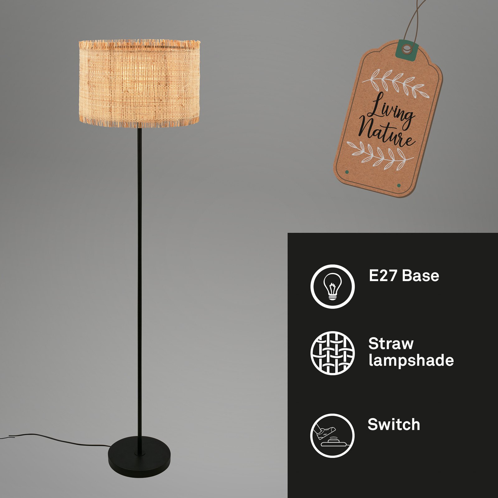 Borra floor lamp, natural colour, metal, straw, E27