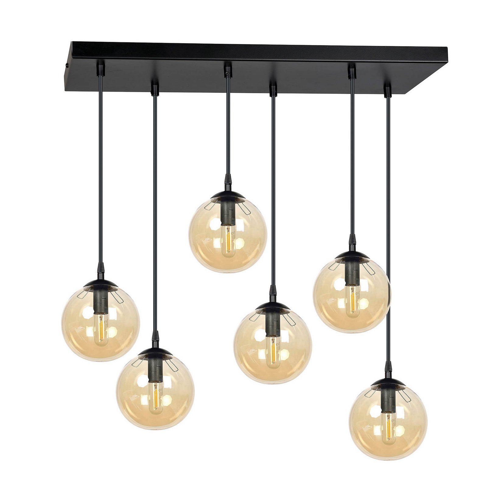 Lámpara colgante Glassy, 6 luces, negro, ámbar, cristal, 75 cm