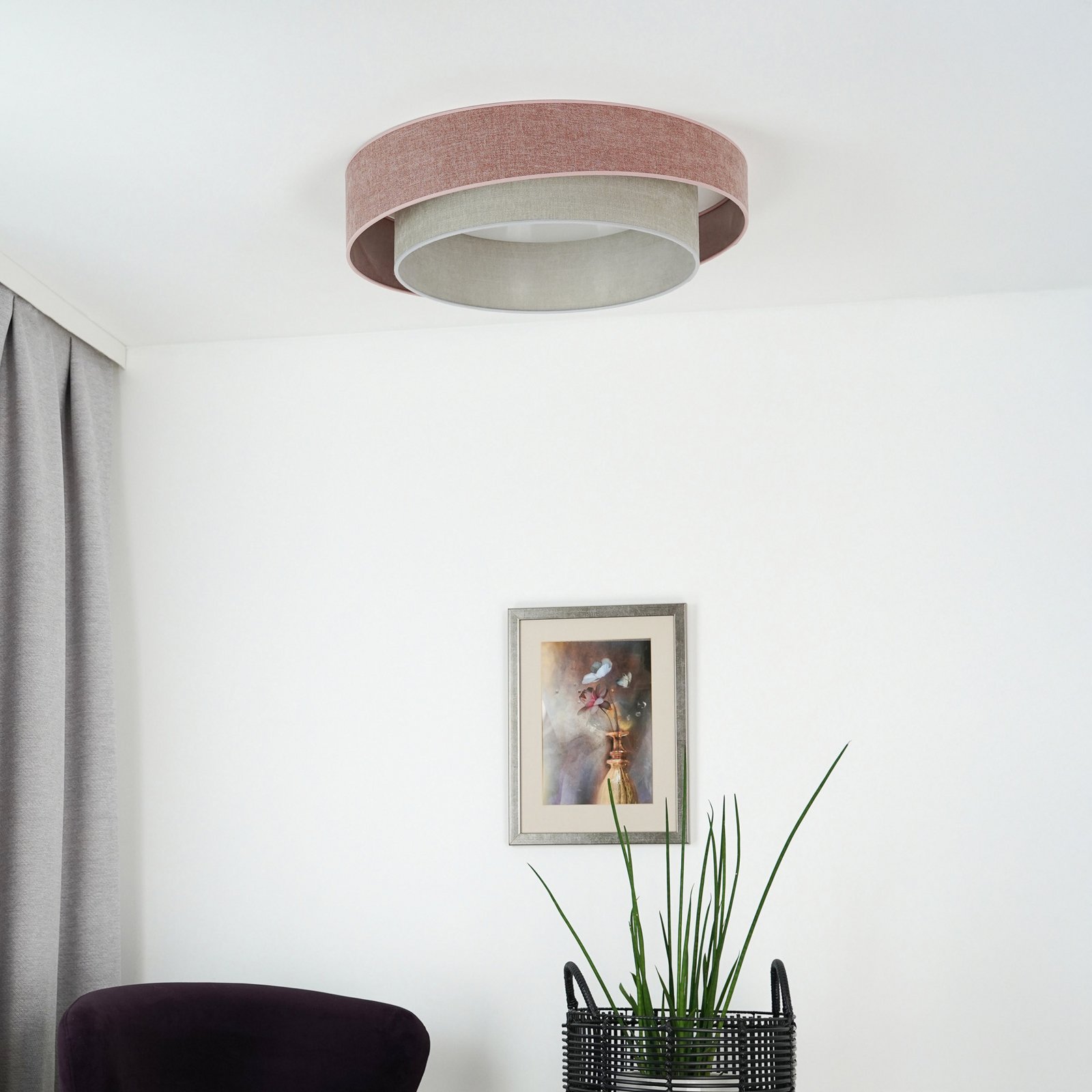 Lampa sufitowa LED Luneta S, szenilowa, różowa/szara, ściemniana 3-stopniowo