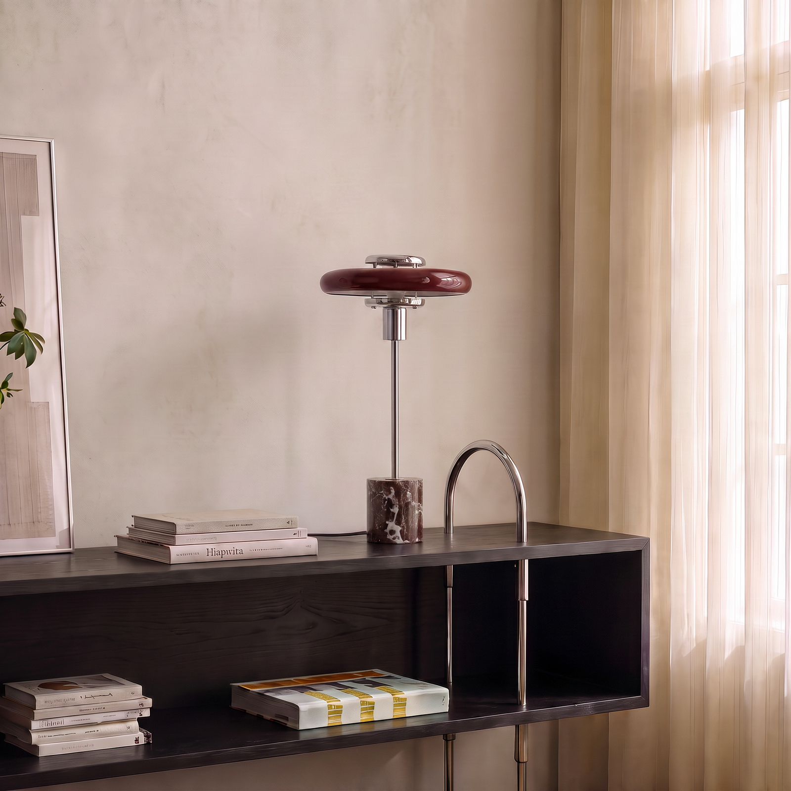 Lindby Tischleuchte Branford, Retro, burgund, Glas/Marmor Lindby Tischleuchte Branford, Retro, burgund, Glas/Marmor