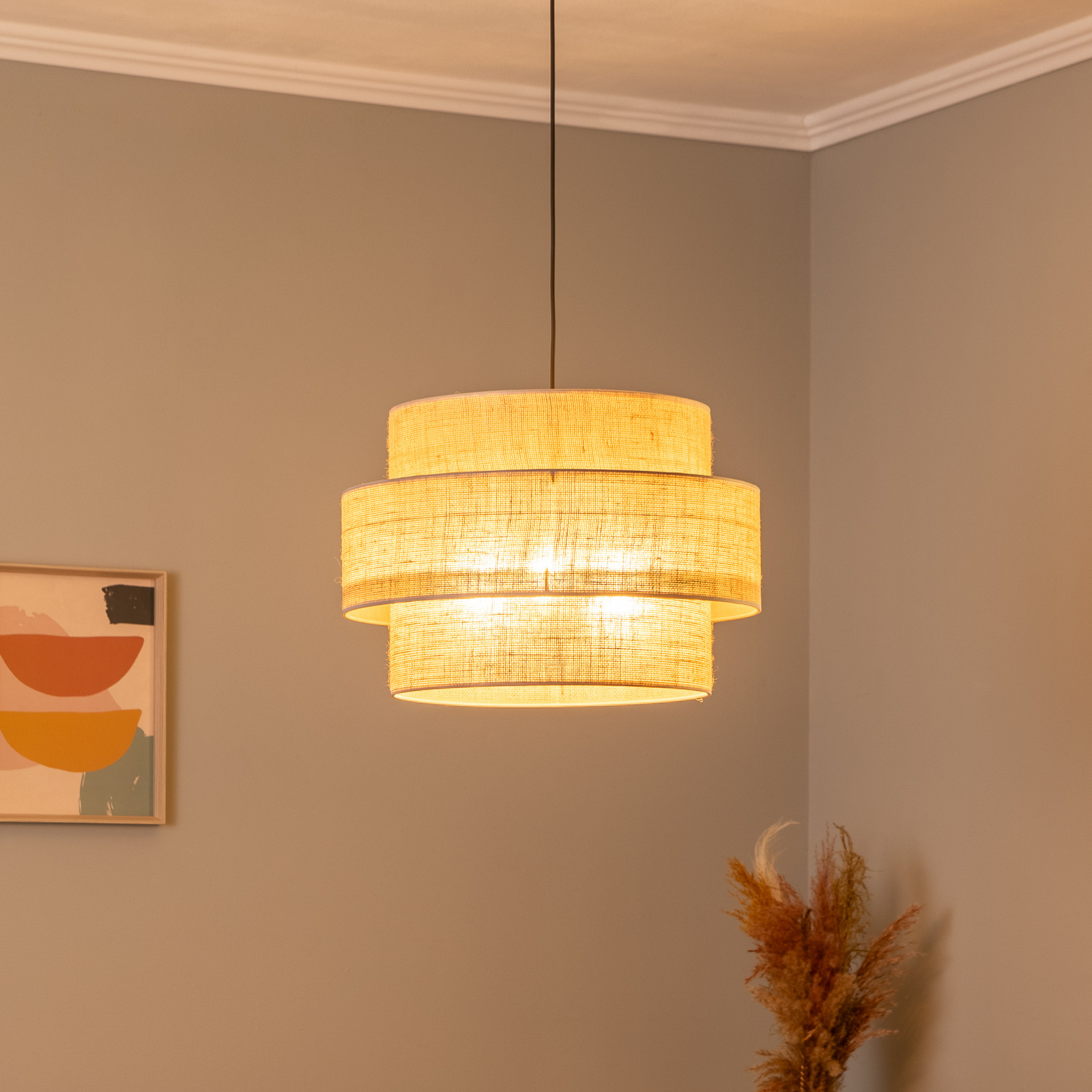 TK Lighting Suspensie Calisto iută maro natural 3 lumini Ø 50 cm - Camera de zi / sufragerie - maro natural negru - Țesătură / Textil
