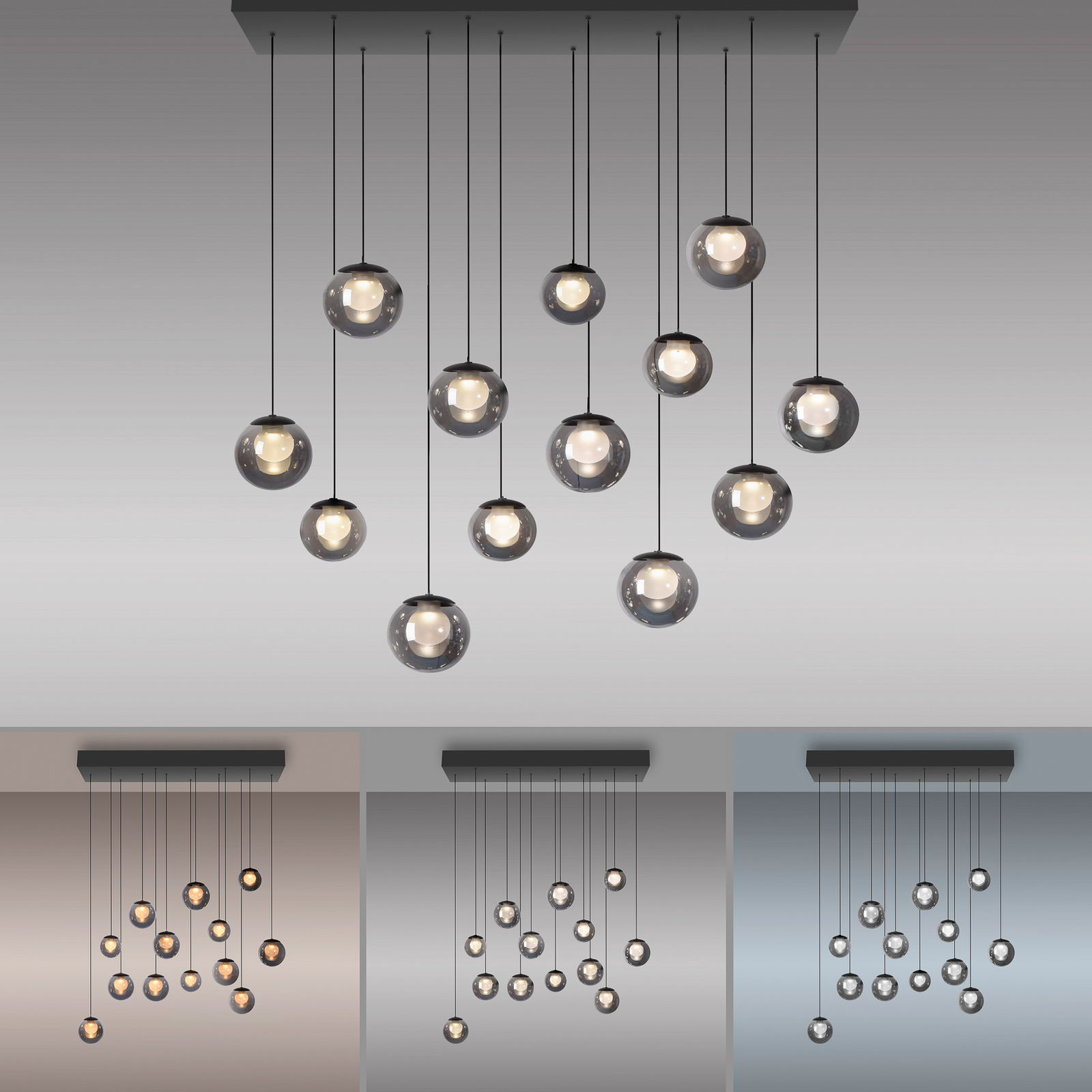 PURE LED-Hängelampe Popup, grau/rauchgrau, 100 cm, 13-fl.