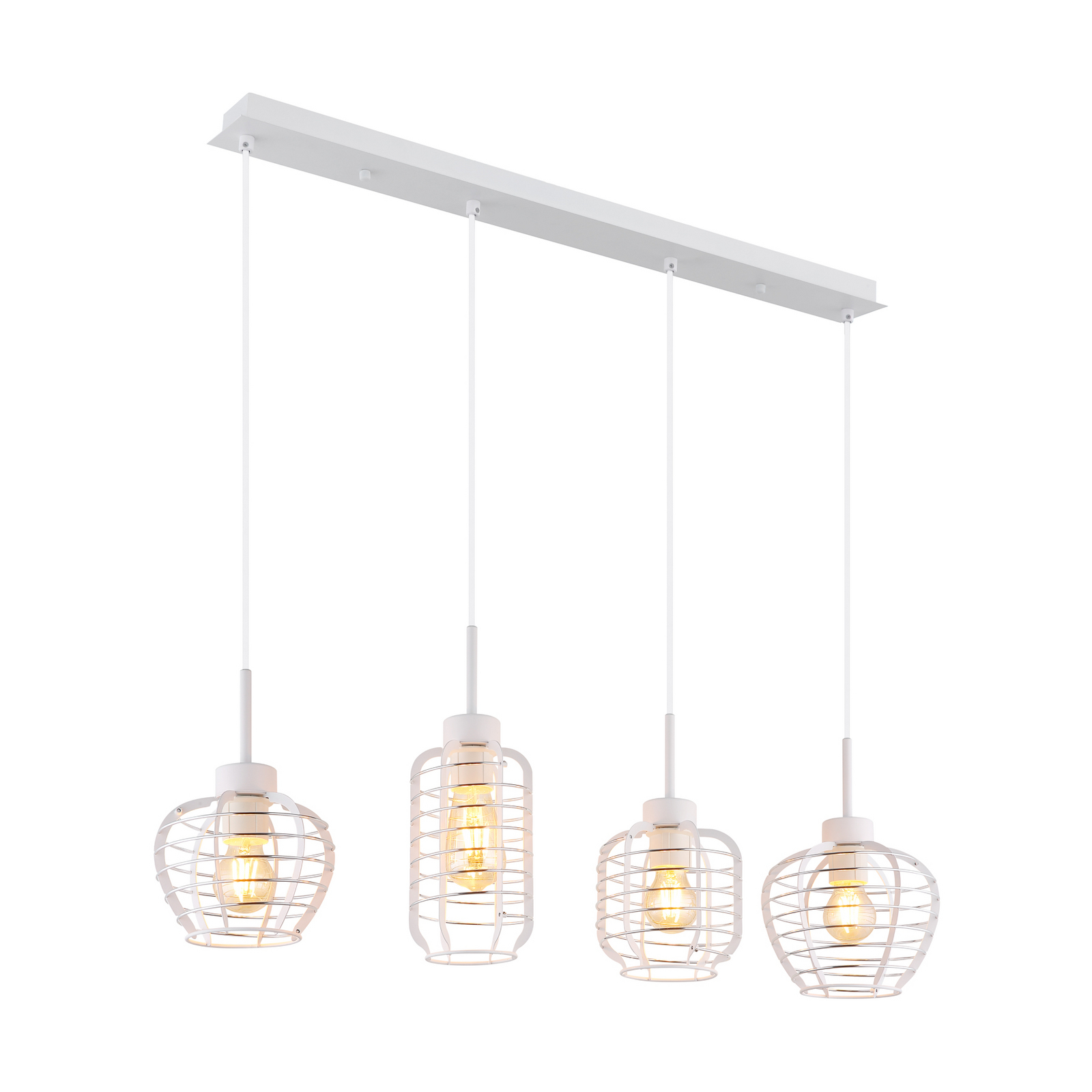 Lampă suspendată Nesa, lungime 90 cm, alb/crom, metal, cu 4 becuri. Lampă suspendată Nesa, lungime 90 cm, alb/crom, metal, cu 4 becuri.