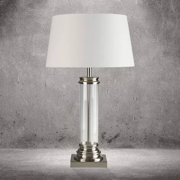 Lampenwelt Tischleuchte Pedestal, silber mit Schirm in Creme