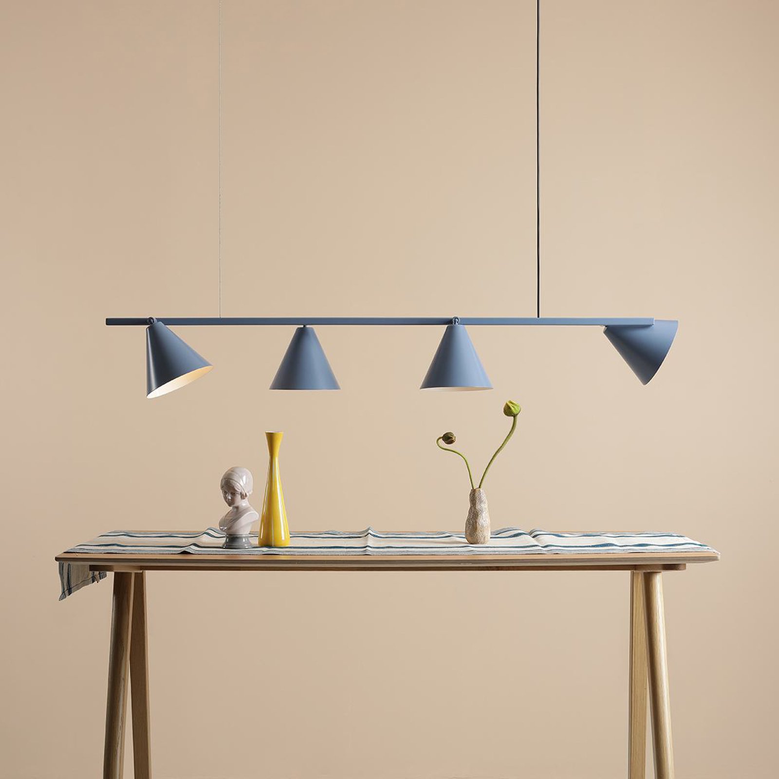 Pendant light, Form 4, blue, metal, 4-bulb, cone, E27