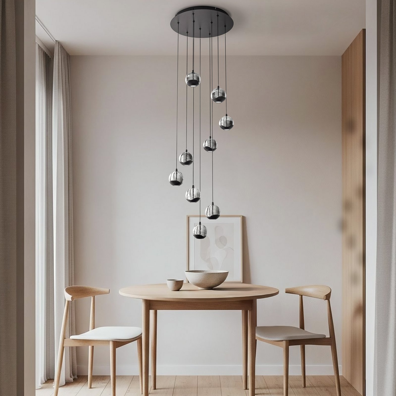 Candeeiro suspenso LED Lucande Hayley, preto, 9 lâmpadas, vidro