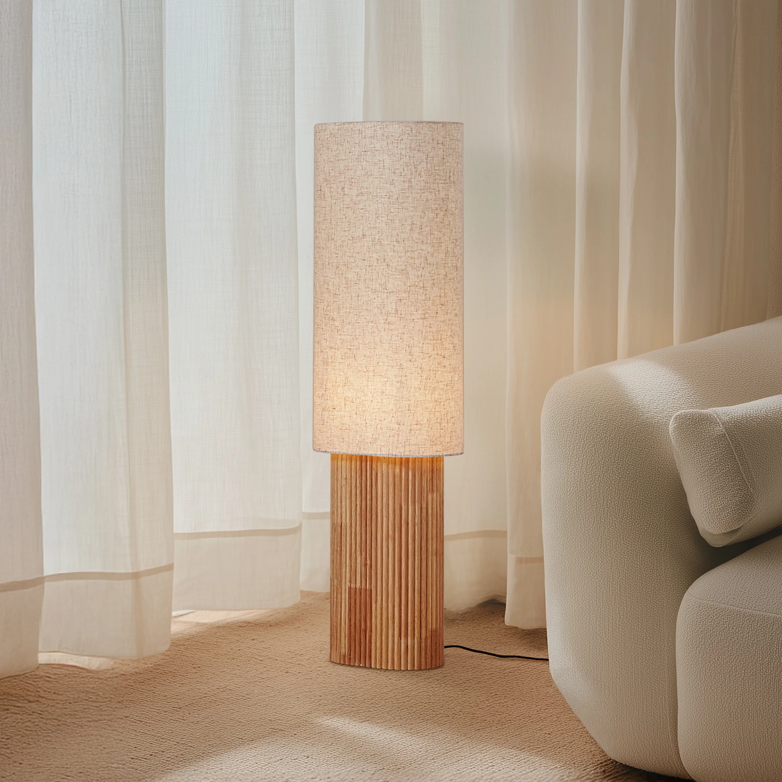 Lindby Kimiko floor lamp, height 100 cm, wood, textile, E27
