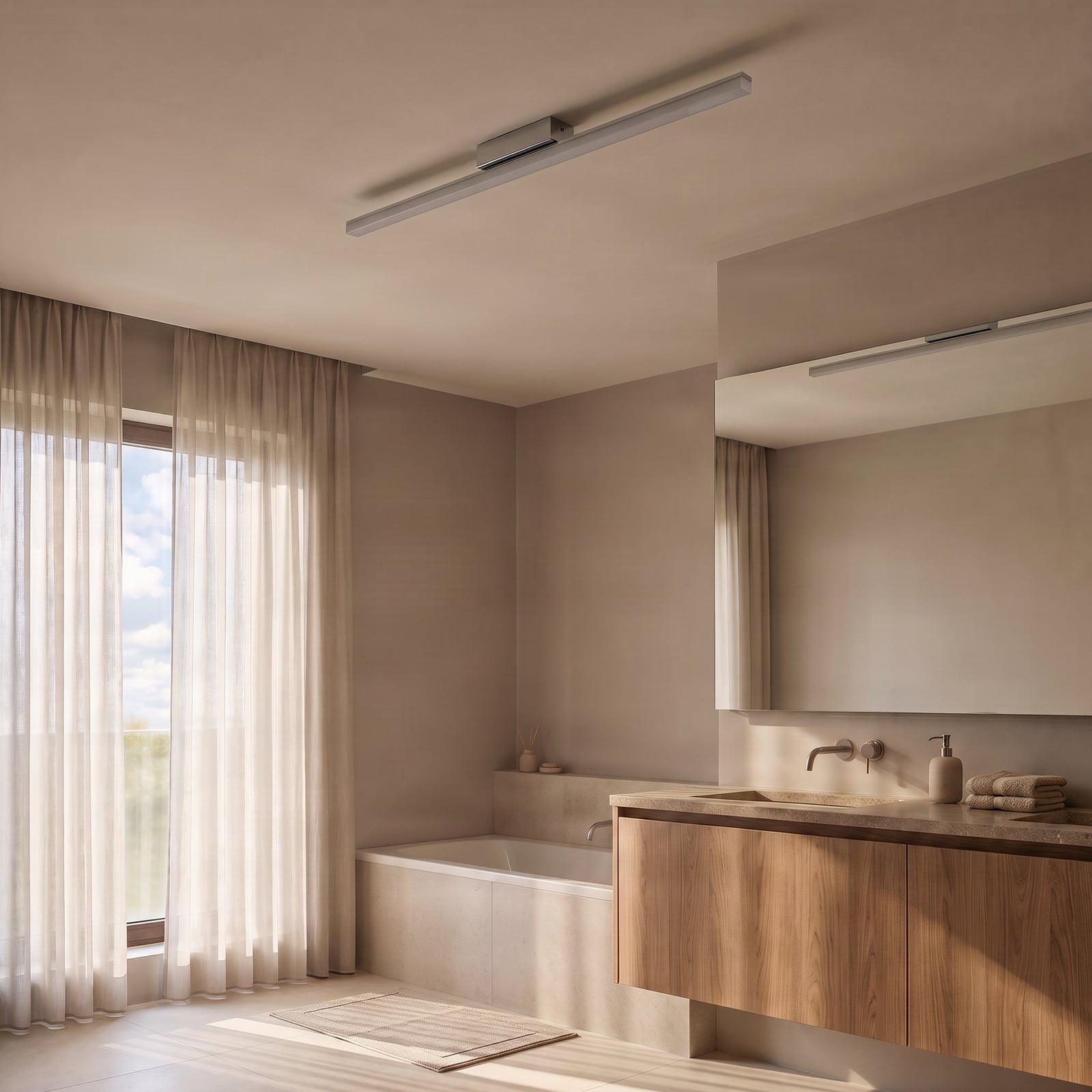Lindby Lámpara de techo LED para baño Levke, 116 cm, atenuable, IP44 Lindby Lámpara de techo LED para baño Levke, 116 cm, atenuable, IP44