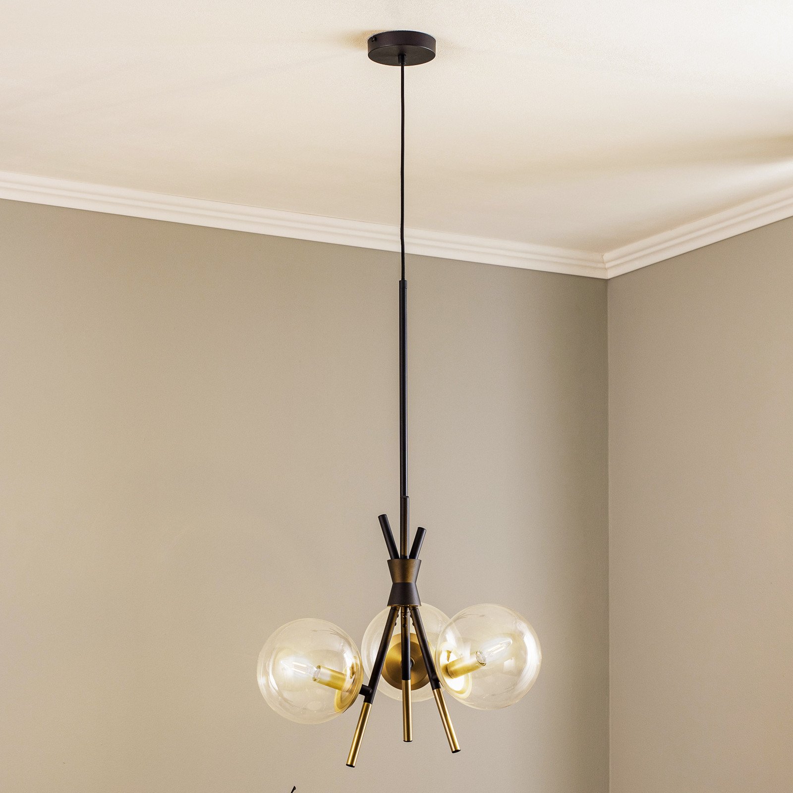 Lucande Sotiana lampă suspendată 3 lumini rotundă alamă - Camera de zi / sufragerie - design - transparent negru alamă - Metal