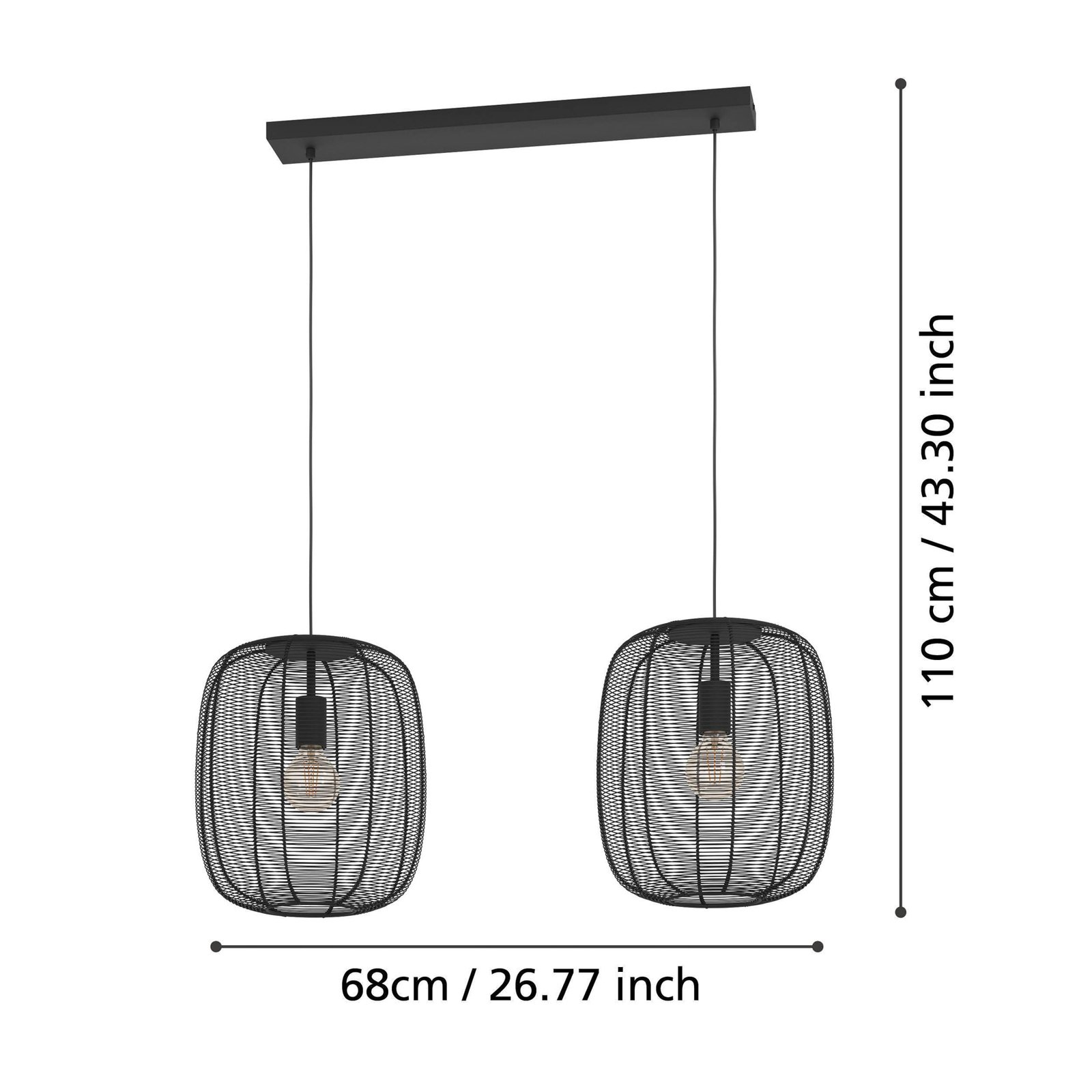 Suspension Rinroe, longueur 90 cm, noir, à 2 lampes, acier