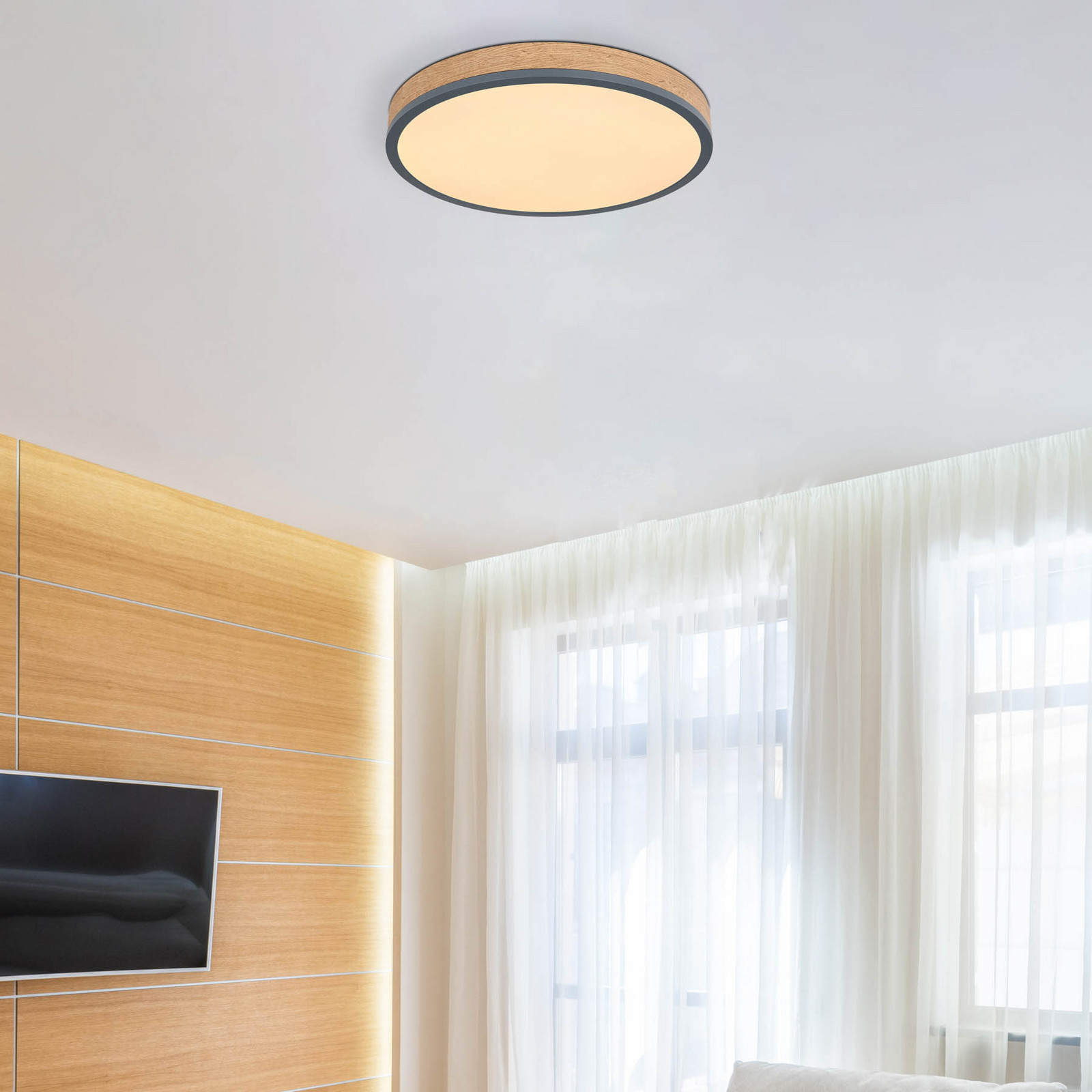 Globo Plafonieră LED Doro Ø 45 cm grafit închis/lemn lemn CCT - Camera de zi / sufragerie - modern - lemn închis grafit opal