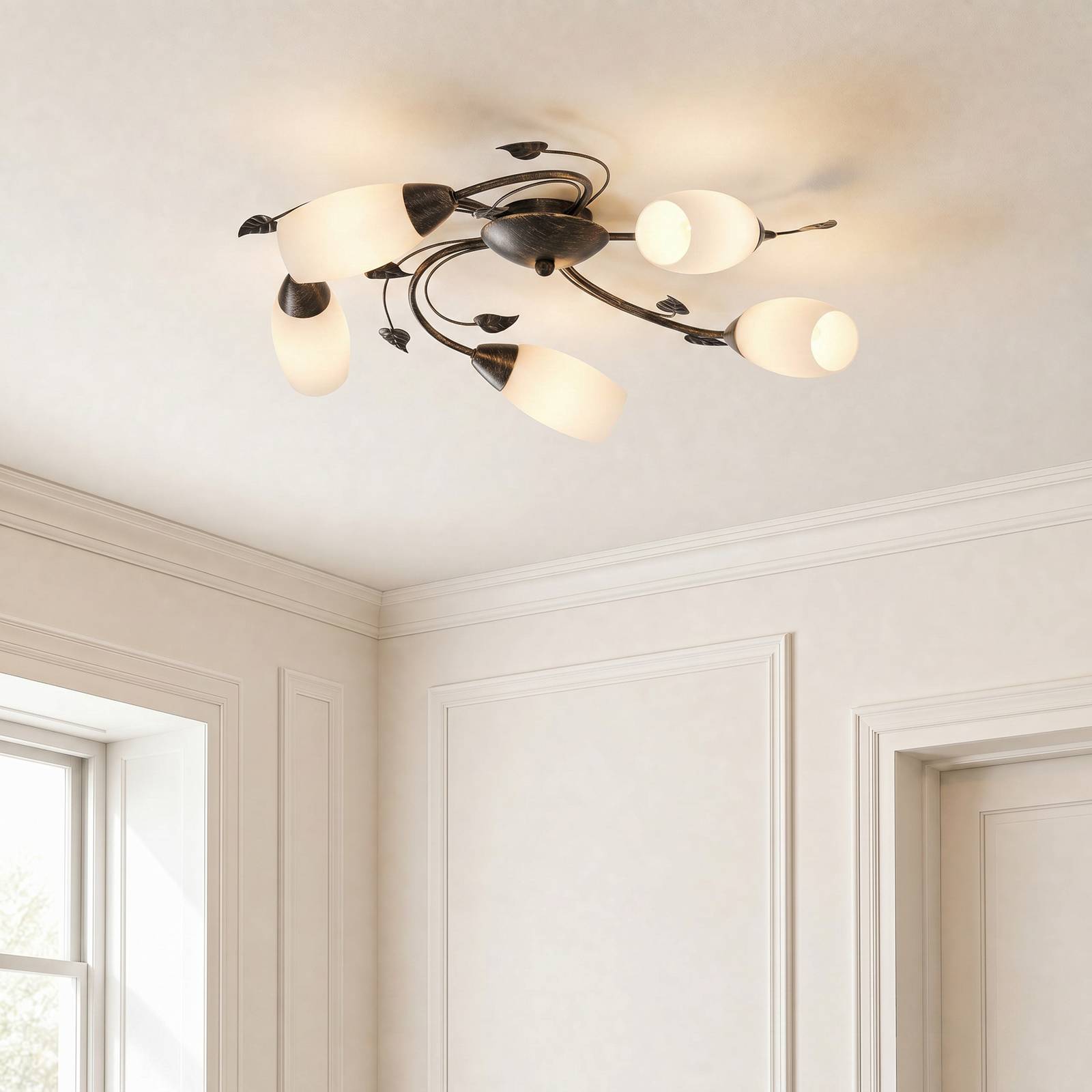 Lindby plafondlamp Stefania, 5-lamps, zwart/goud, Ø58cm