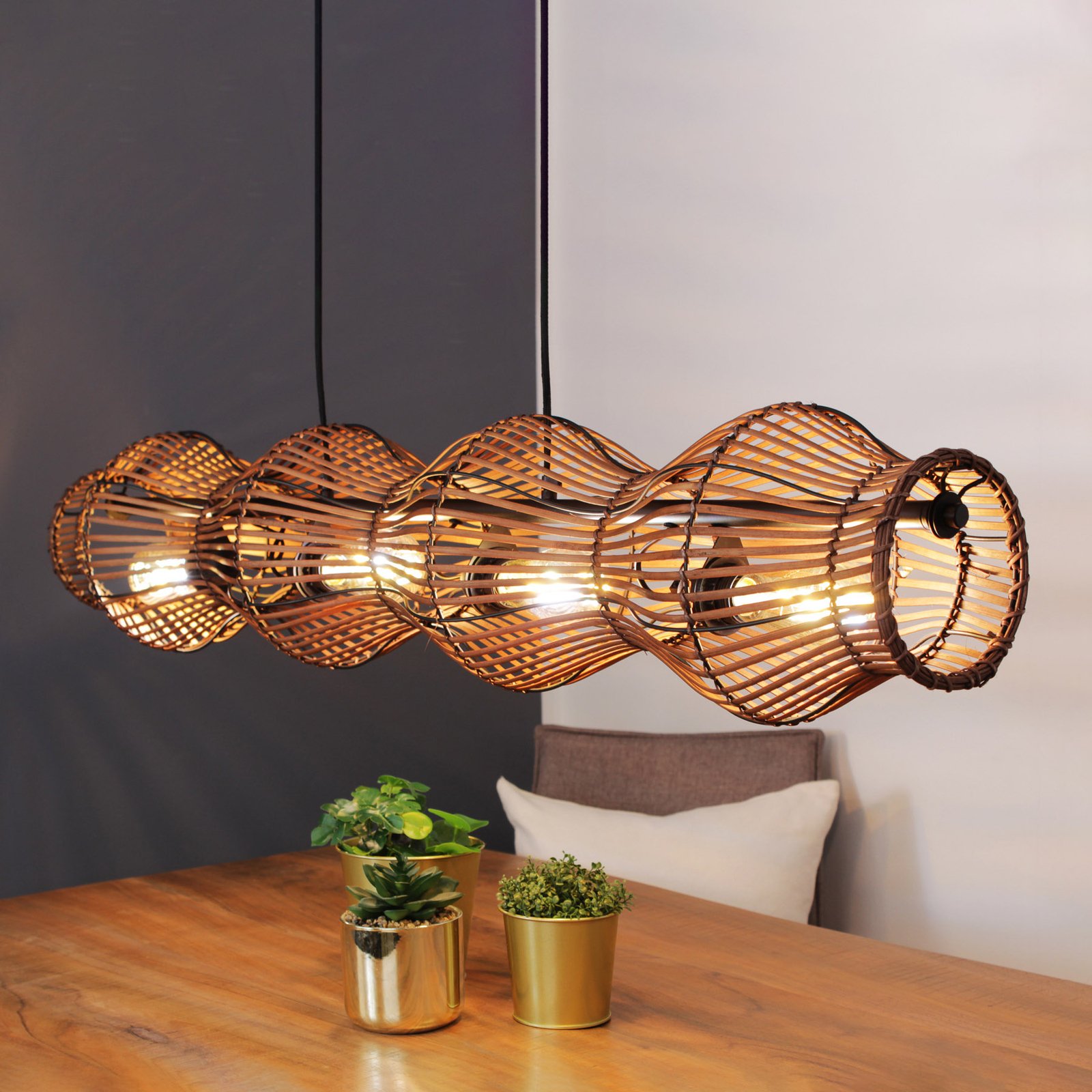 Bamboo pendant light, brown, 4-bulb
