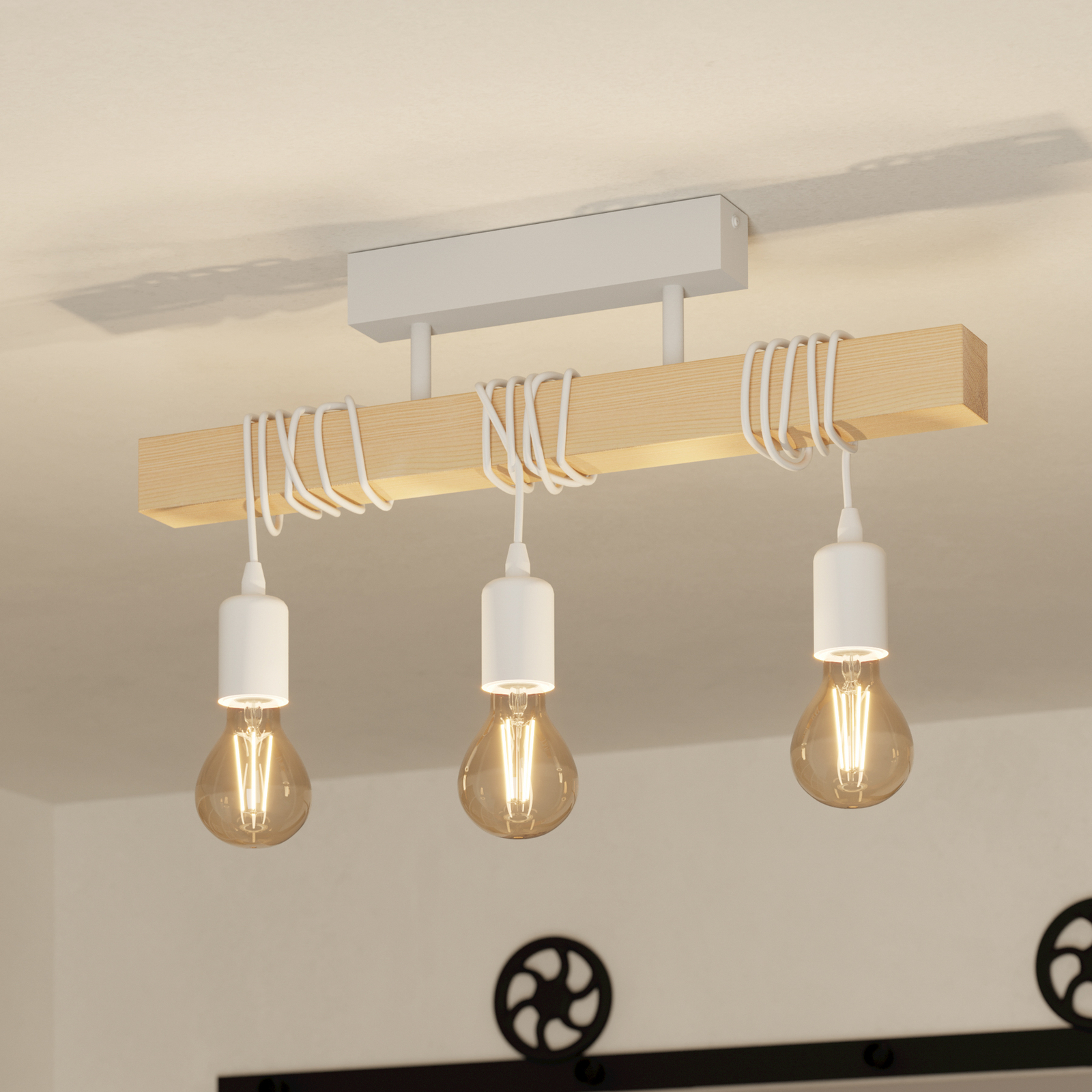 Candeeiro de teto Townshend, comprimento 55 cm, branco/carvalho, 3