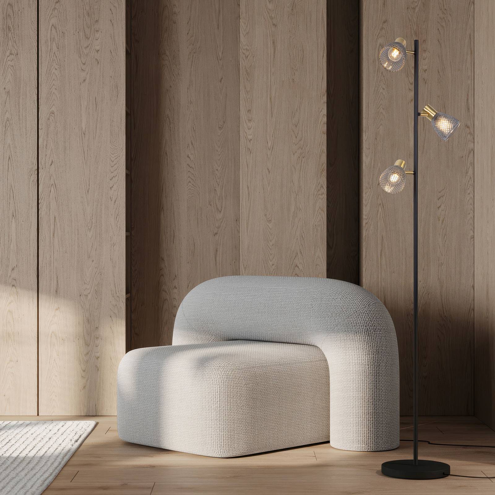 Lampa stojąca Lindita, 3-punktowa, szkło, żelazo, dymnoszara, E14