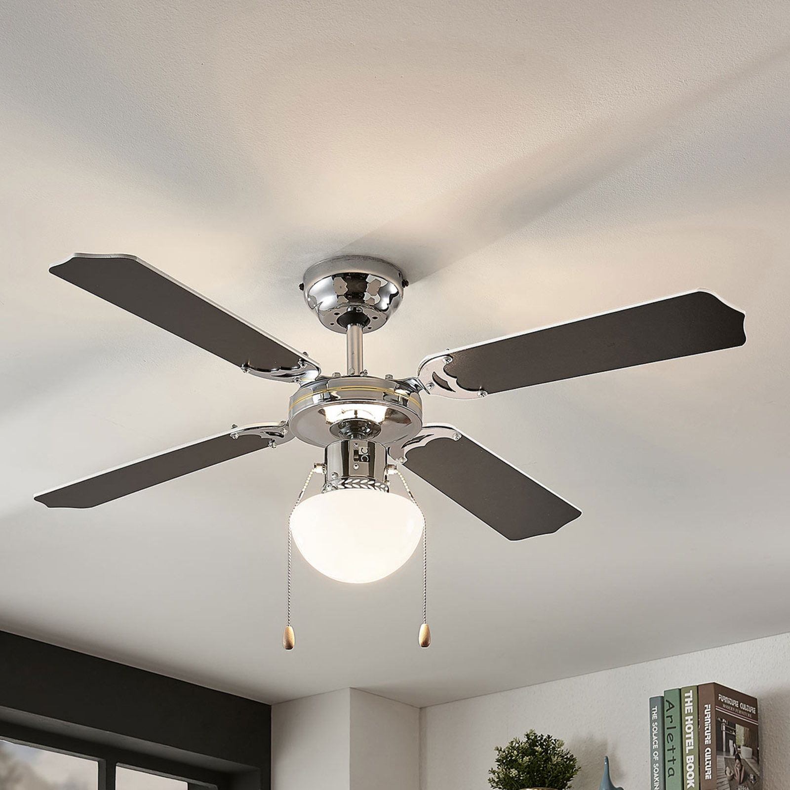 Lindby Joulin ceiling fan with light, black and white, for Bedroom, MDF, glass, metal, E27, 60 W, energy efficiency: A++, H: 41.5 cm