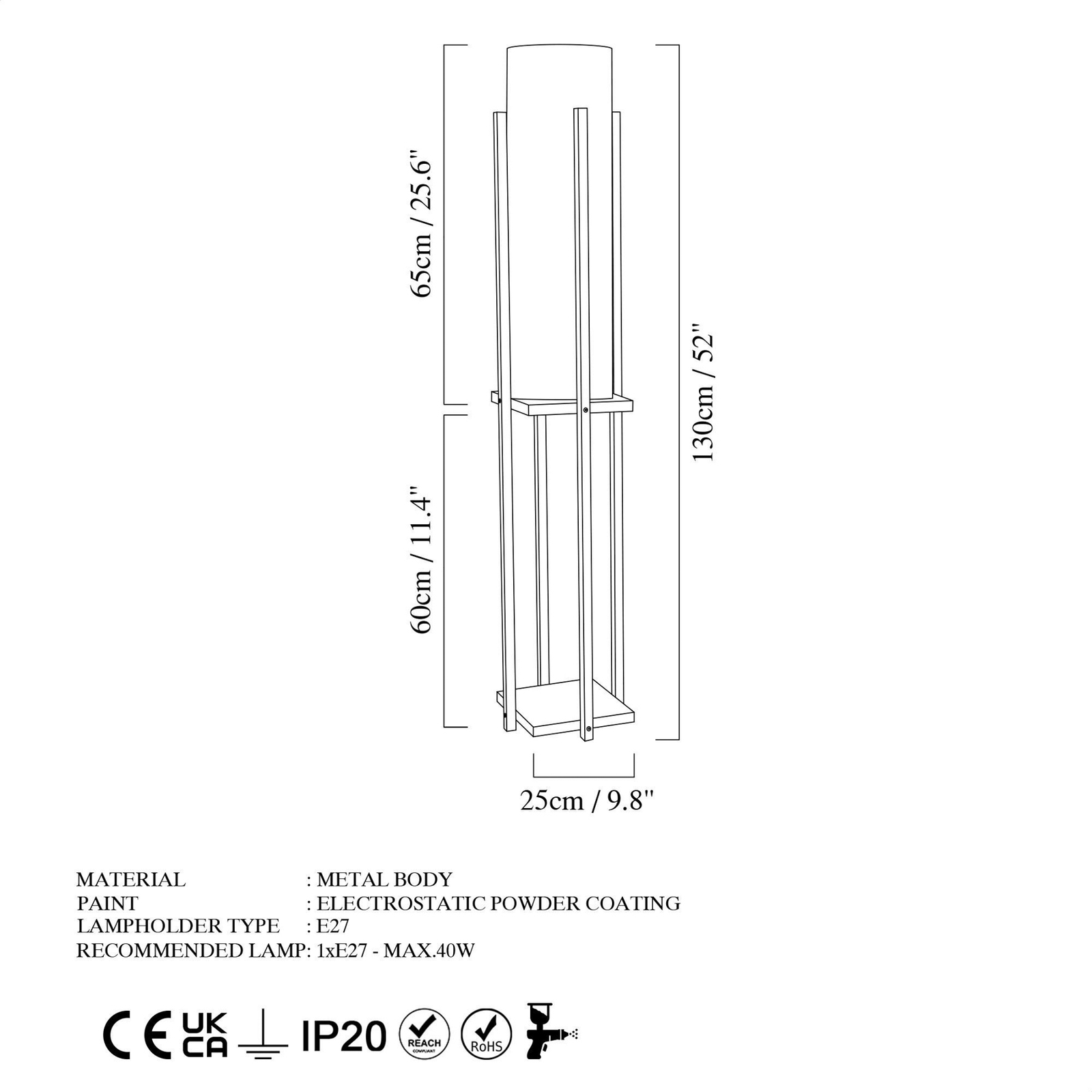 Stehlampe 8125, schwarz/weiß, Metall/Canvas, Höhe 130 cm