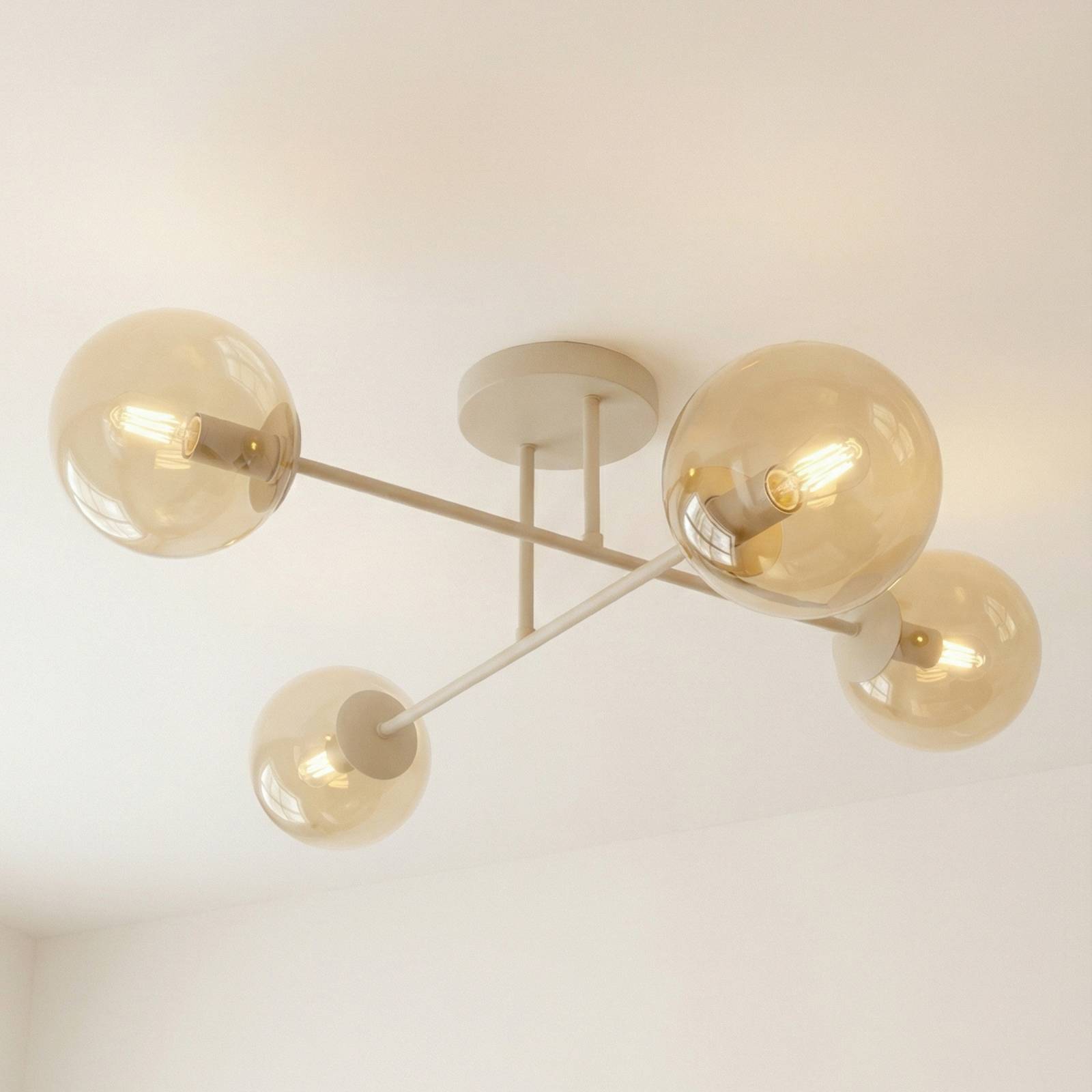 EMIBIG LIGHTING Plafonnier ROMA, beige, longueur 75 cm, à 4 lampes, verre/métal